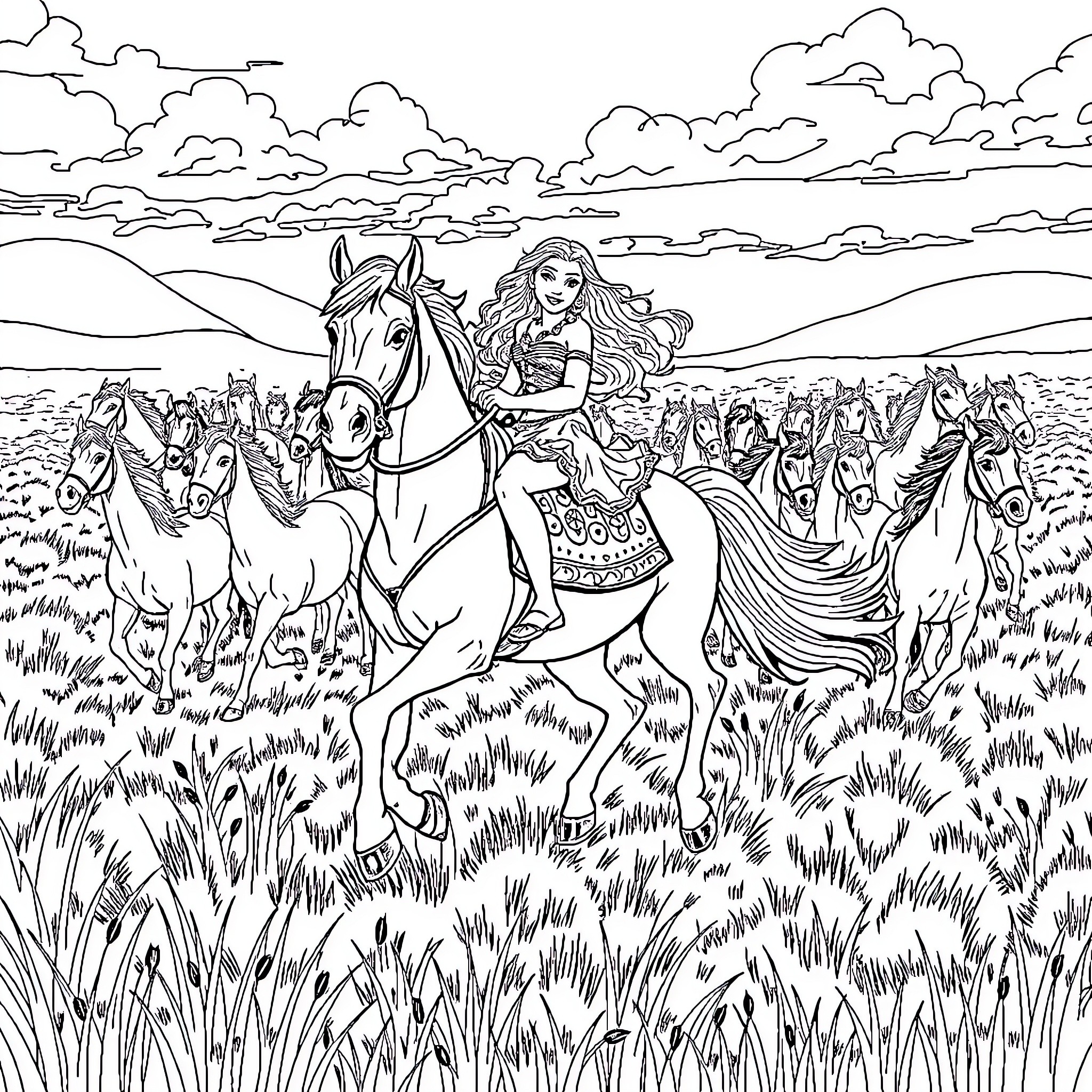 Moana leading a herd of horses through the grasslands Coloring Page (free black-and-white line drawing printable PDF for all, from beginners to advanced learners, including children, teens, adults, and seniors)