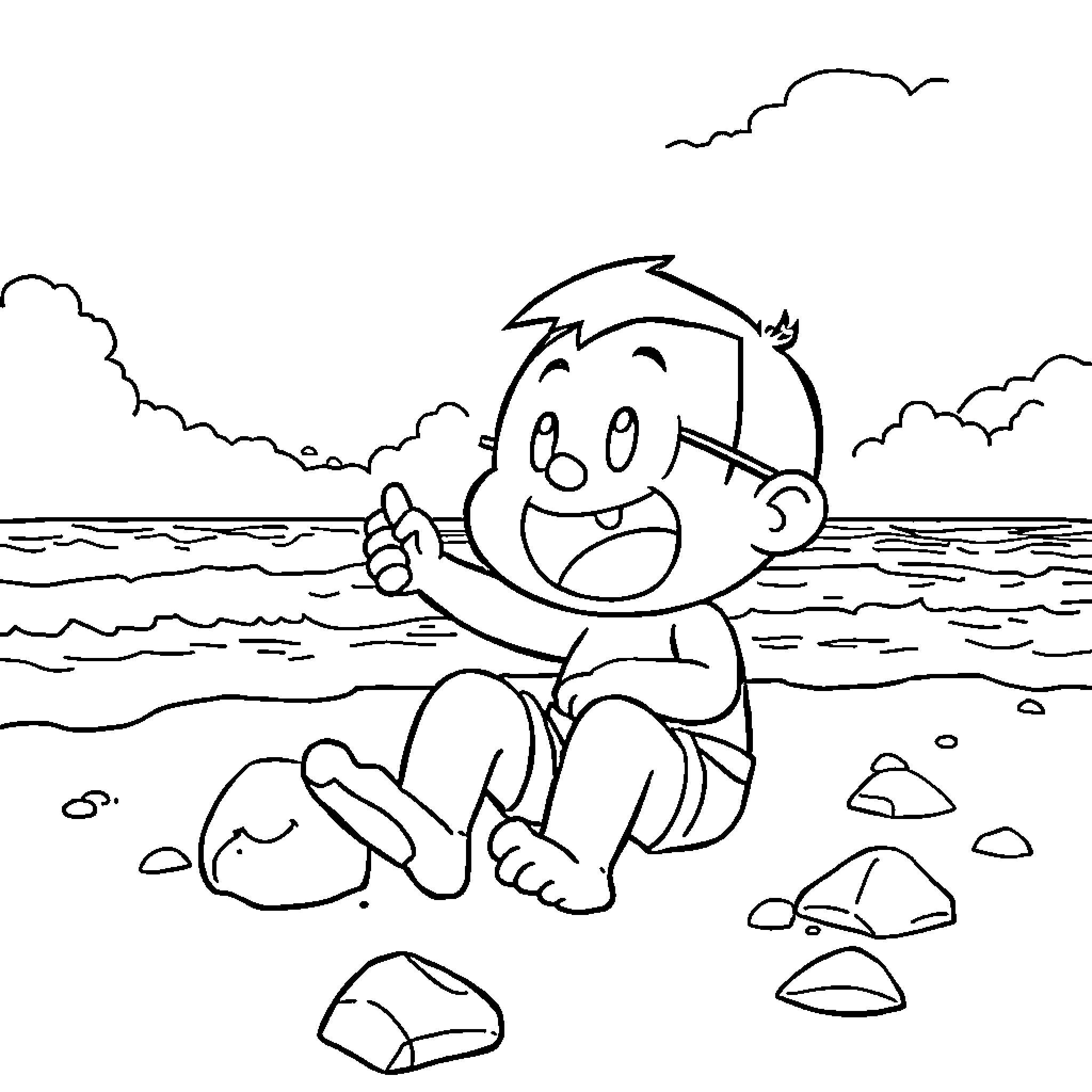 Nobita playing happily on the beach Coloring Page (free black-and-white line drawing printable PDF for all, from beginners to advanced learners, including children, teens, adults, and seniors)