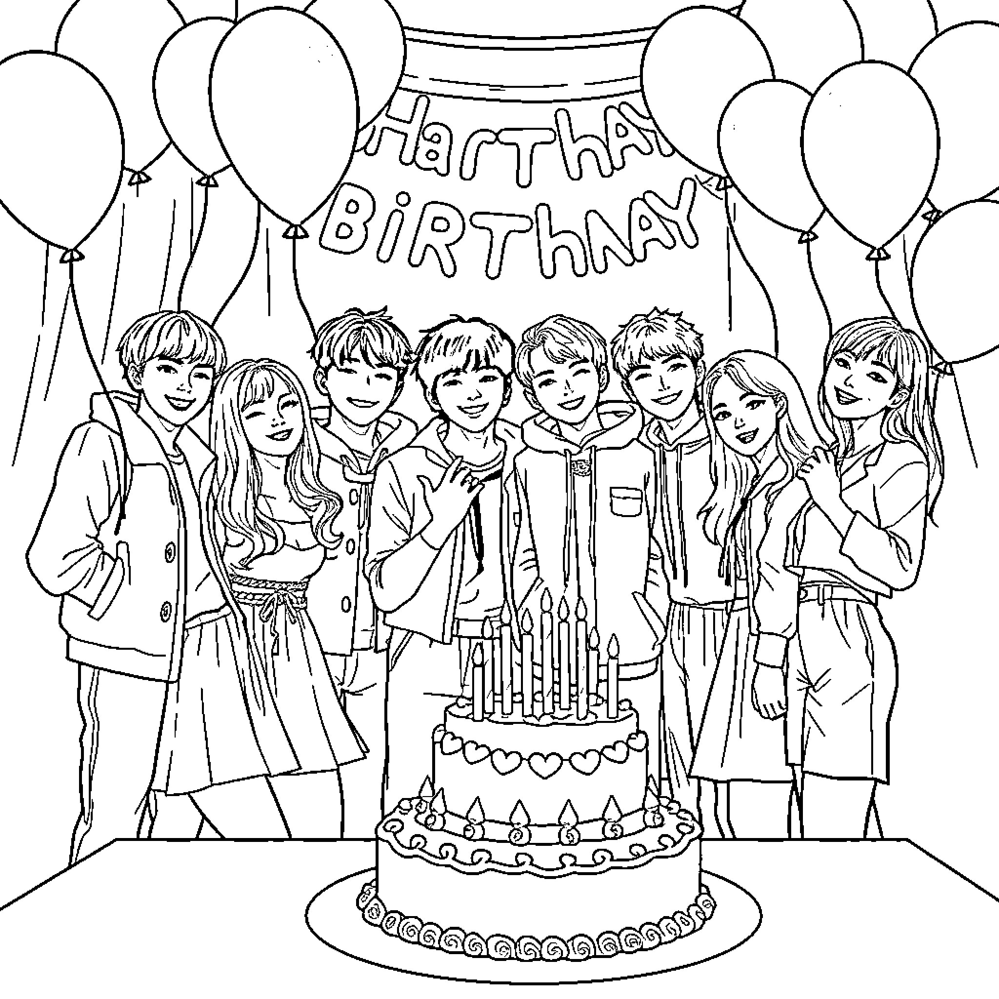 K-pop Hunter: Birthday Celebration with Friends Coloring Page (free black-and-white line drawing printable PDF for all, from beginners to advanced learners, including children, teens, adults, and seniors)