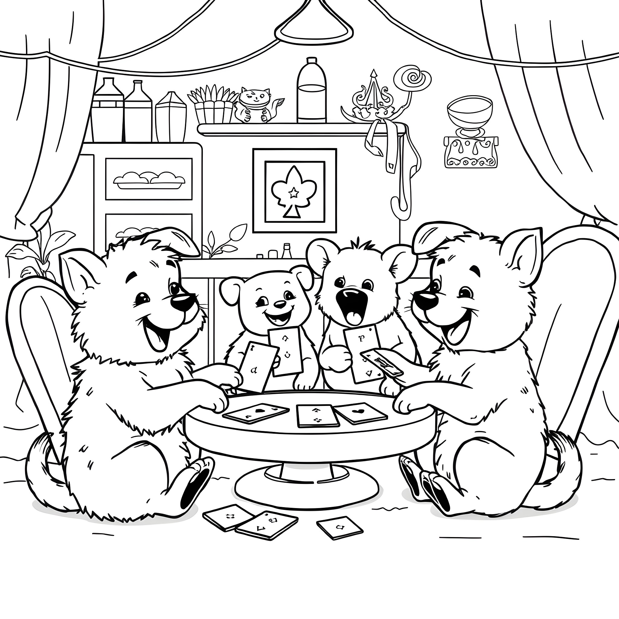 Pet Bears Playing Card Game in Cozy Room Coloring Page (free black-and-white line drawing printable PDF for all, from beginners to advanced learners, including children, teens, adults, and seniors)