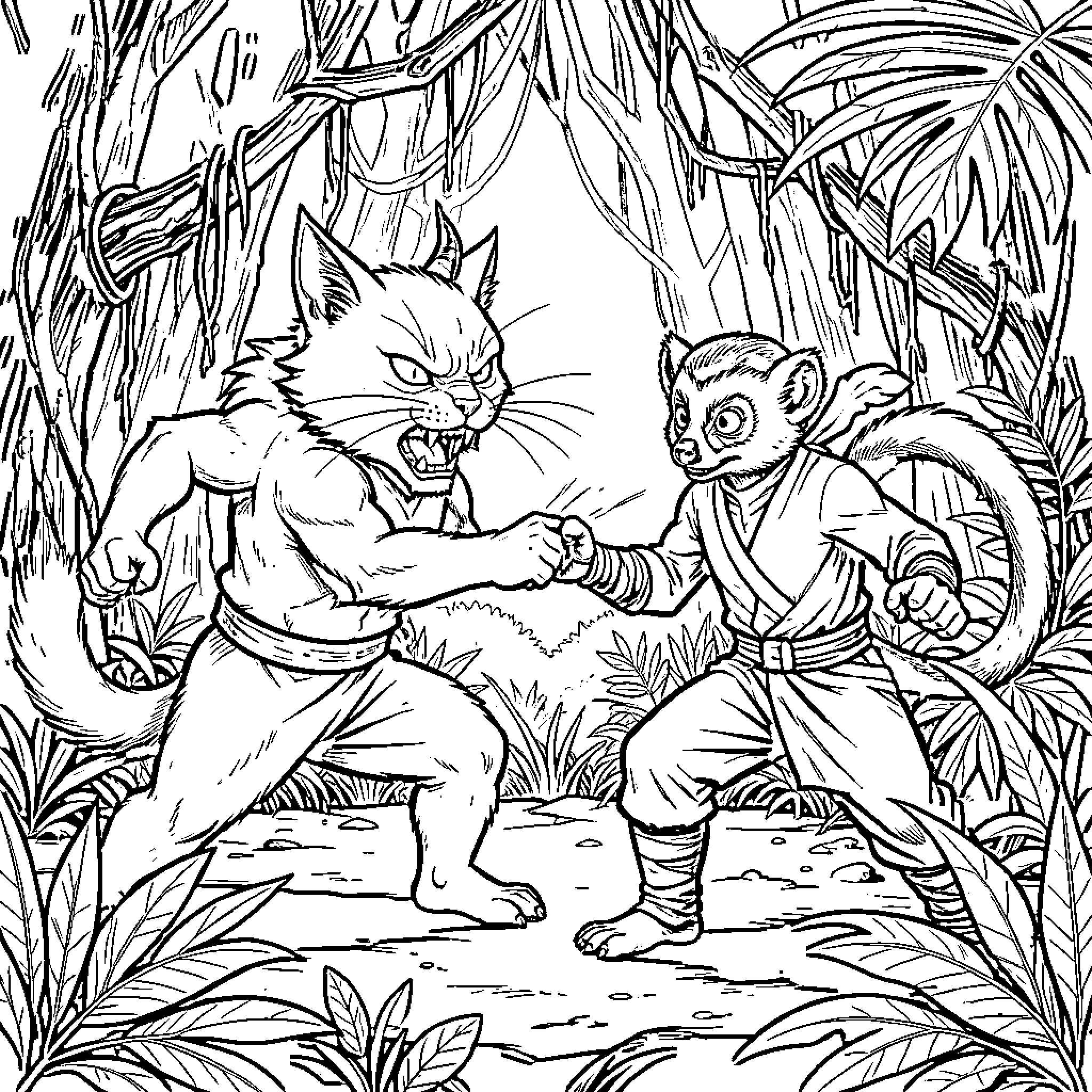 Demon Cat challenging a small creature in the jungle Coloring Page (free black-and-white line drawing printable PDF for all, from beginners to advanced learners, including children, teens, adults, and seniors)