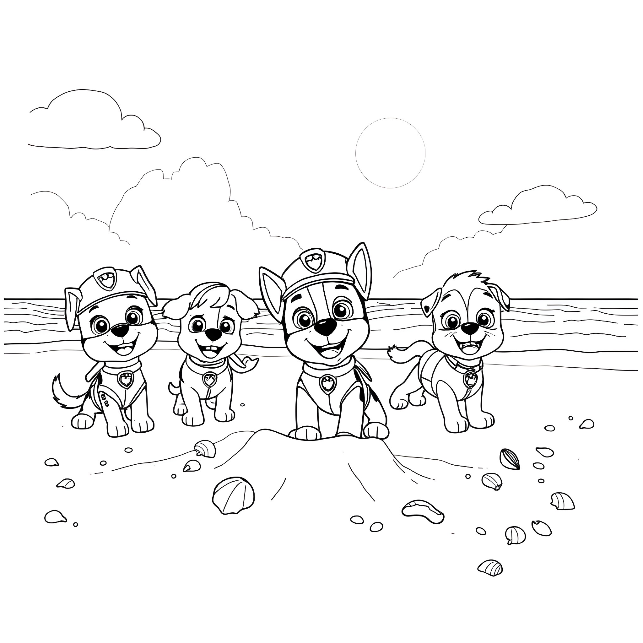 Paw Patrol Pups Playing on the Beach Coloring Page (free black-and-white line drawing printable PDF for all, from beginners to advanced learners, including children, teens, adults, and seniors)
