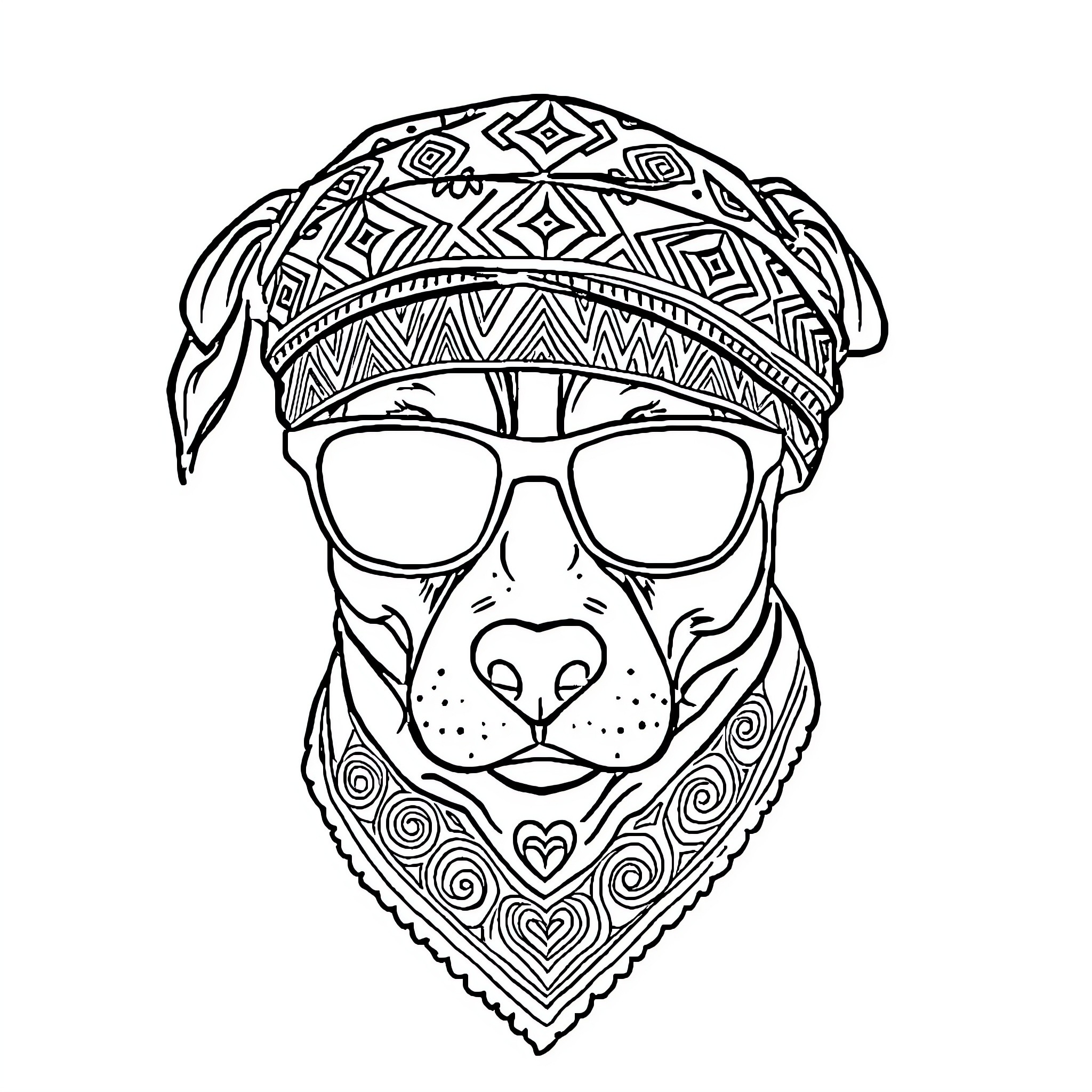 Bandana-clad Dog Wearing Stylish Glasses Coloring Page (free black-and-white line drawing printable PDF for all, from beginners to advanced learners, including children, teens, adults, and seniors)