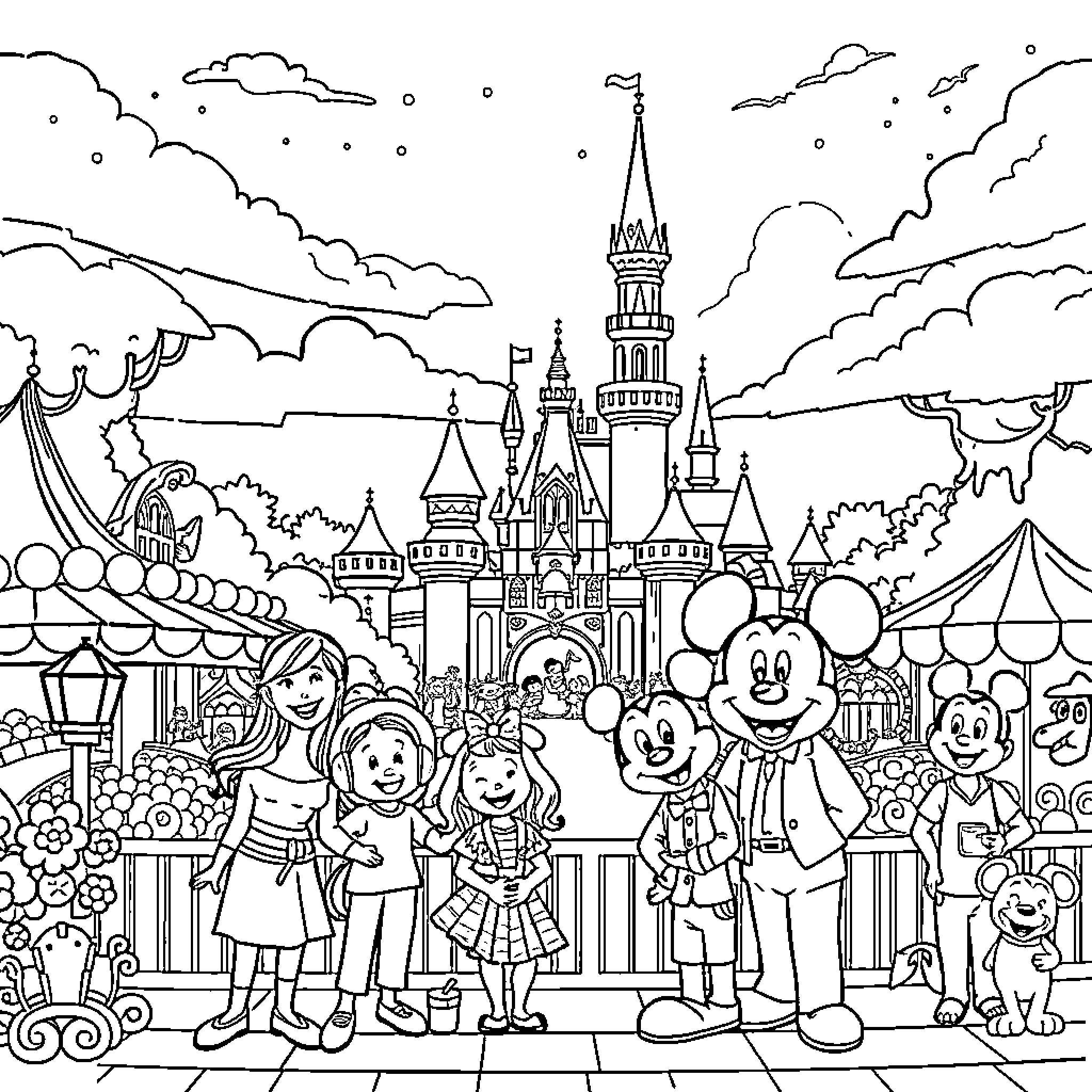 Disney characters enjoying a lively carnival scene Coloring Page (free black-and-white line drawing printable PDF for all, from beginners to advanced learners, including children, teens, adults, and seniors)