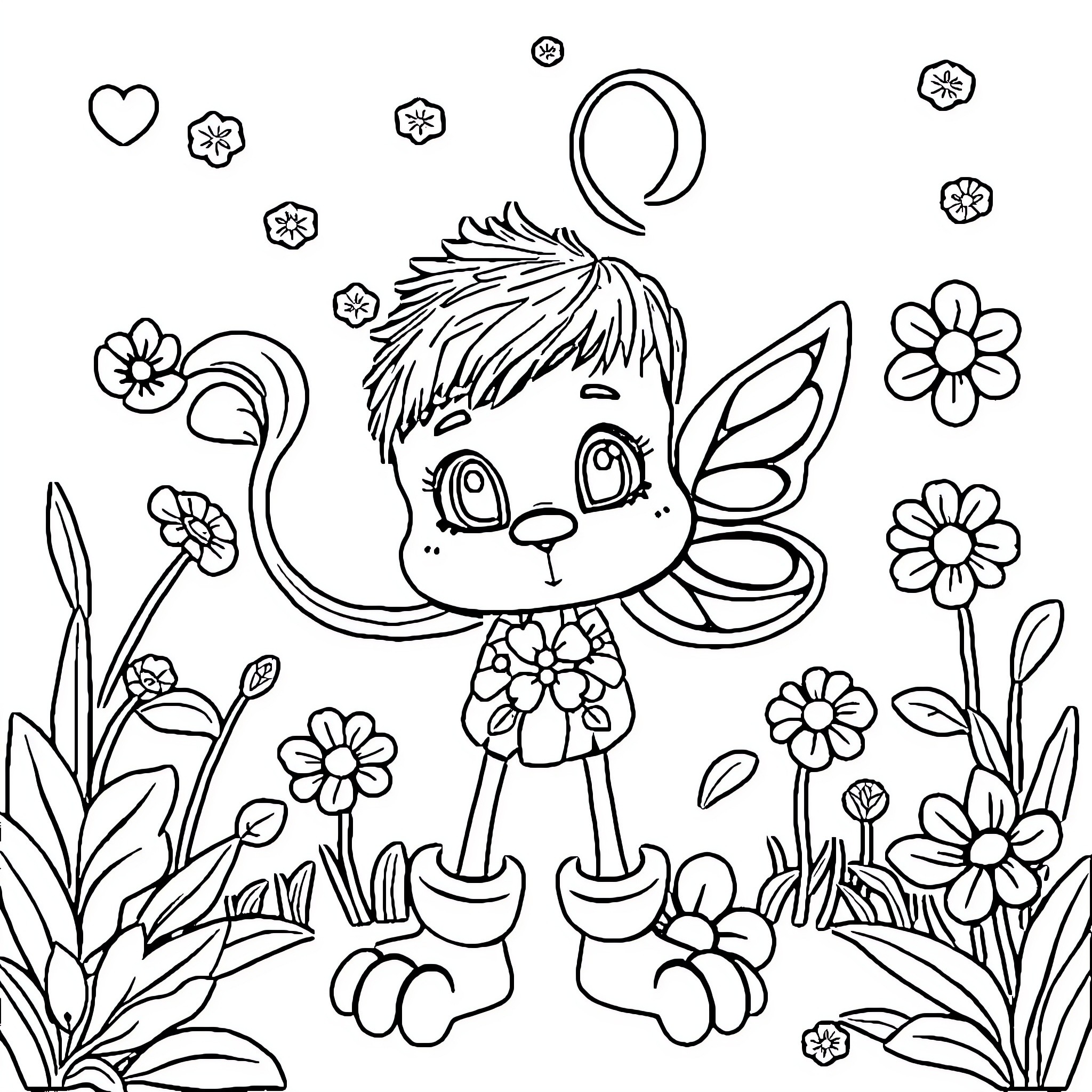 Image of a cute fairy-like creature in a floral garden Coloring Page (free black-and-white line drawing printable PDF for all, from beginners to advanced learners, including children, teens, adults, and seniors)