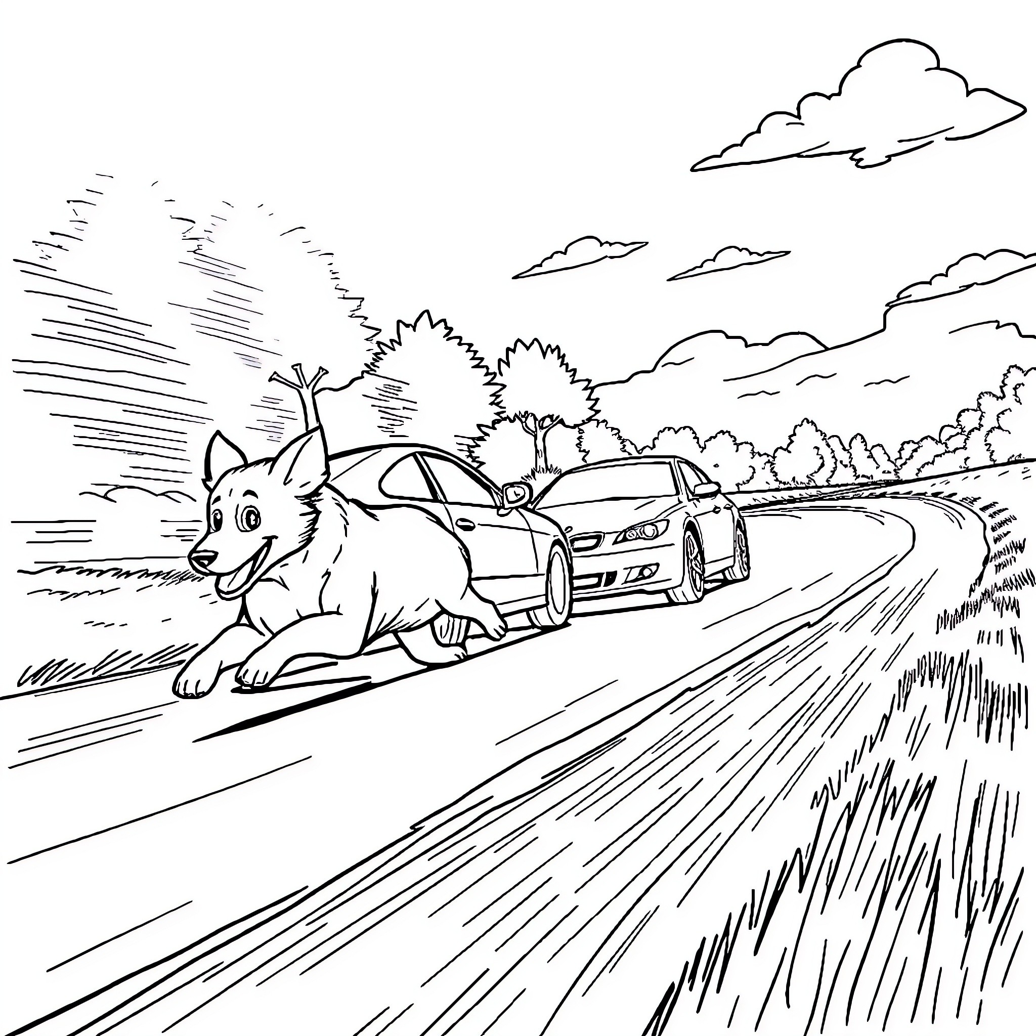 Car chases energetic dog down winding road Coloring Page (free black-and-white line drawing printable PDF for all, from beginners to advanced learners, including children, teens, adults, and seniors)