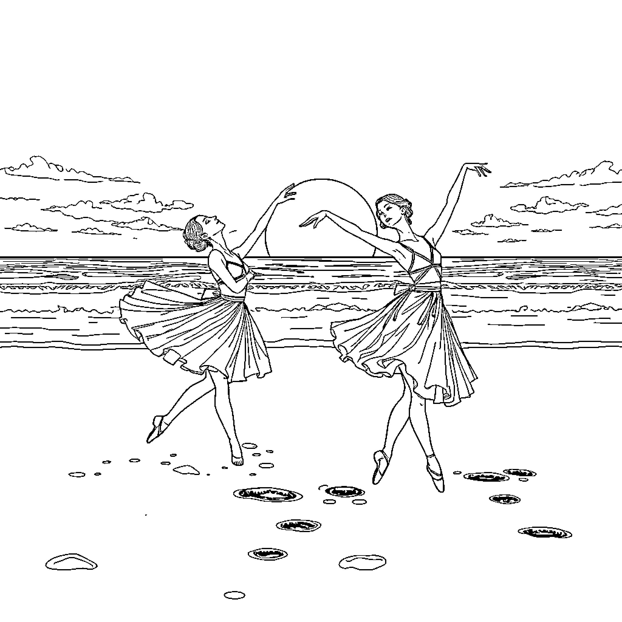 Ballet Dancers Performing on the Beach Coloring Page (free black-and-white line drawing printable PDF for all, from beginners to advanced learners, including children, teens, adults, and seniors)