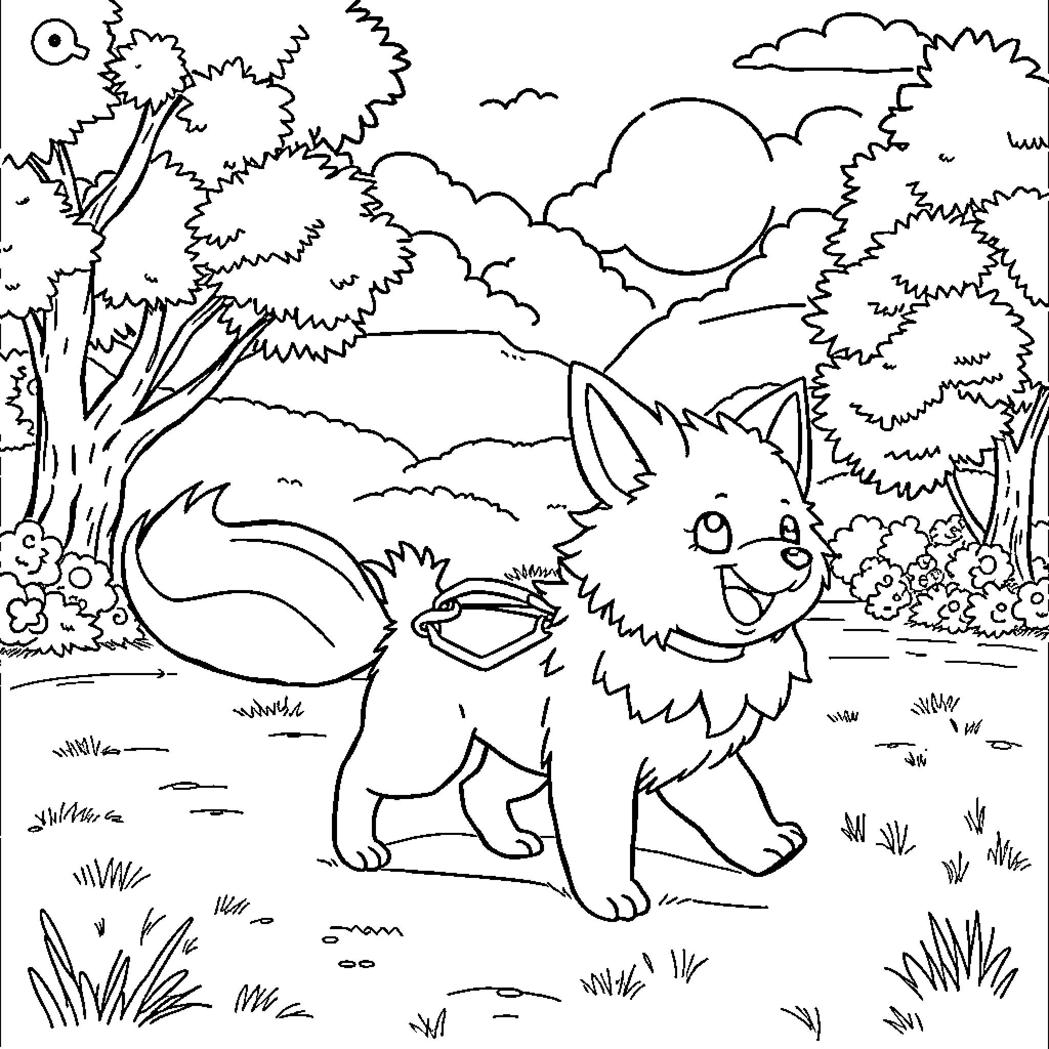 Pokémon exploring the natural landscape Coloring Page (free black-and-white line drawing printable PDF for all, from beginners to advanced learners, including children, teens, adults, and seniors)