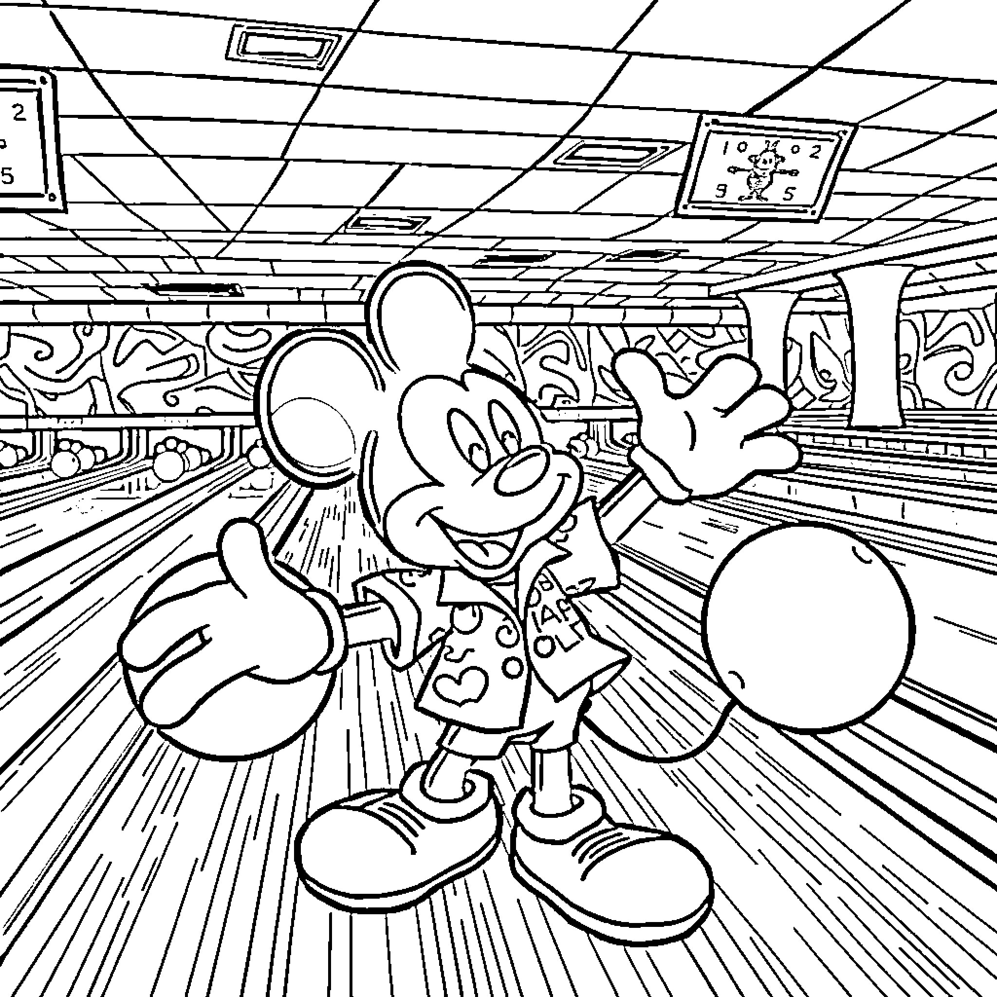 Mickey Mouse enjoying a game of bowling Coloring Page (free black-and-white line drawing printable PDF for all, from beginners to advanced learners, including children, teens, adults, and seniors)