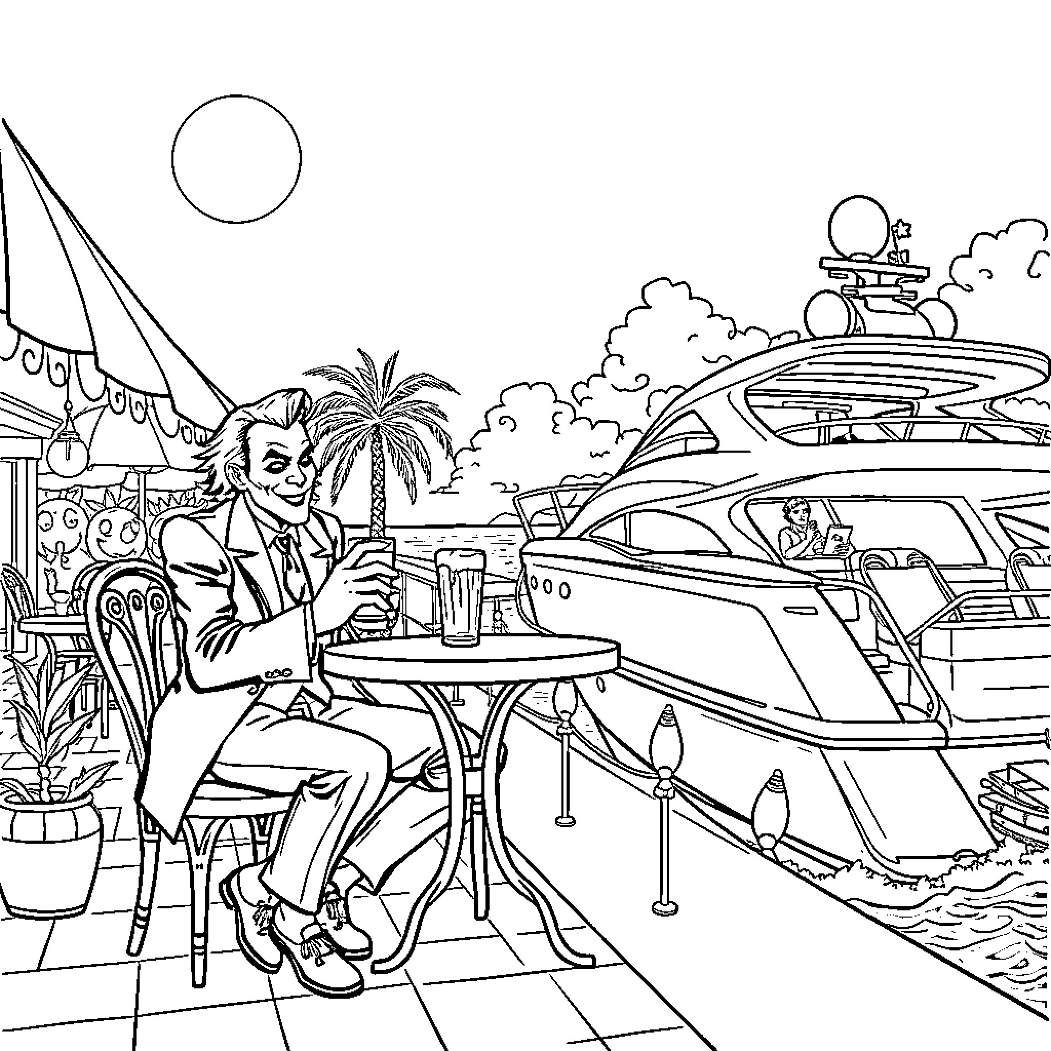 Joker enjoying a drink by the beach with futuristic scenery Coloring Page (free black-and-white line drawing printable PDF for all, from beginners to advanced learners, including children, teens, adults, and seniors)