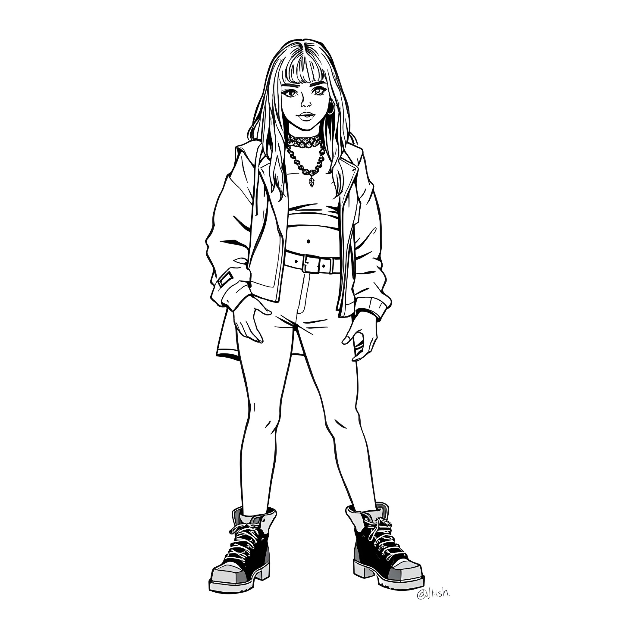 Billie Eilish in edgy casual outfit Coloring Page (free black-and-white line drawing printable PDF for all, from beginners to advanced learners, including children, teens, adults, and seniors)