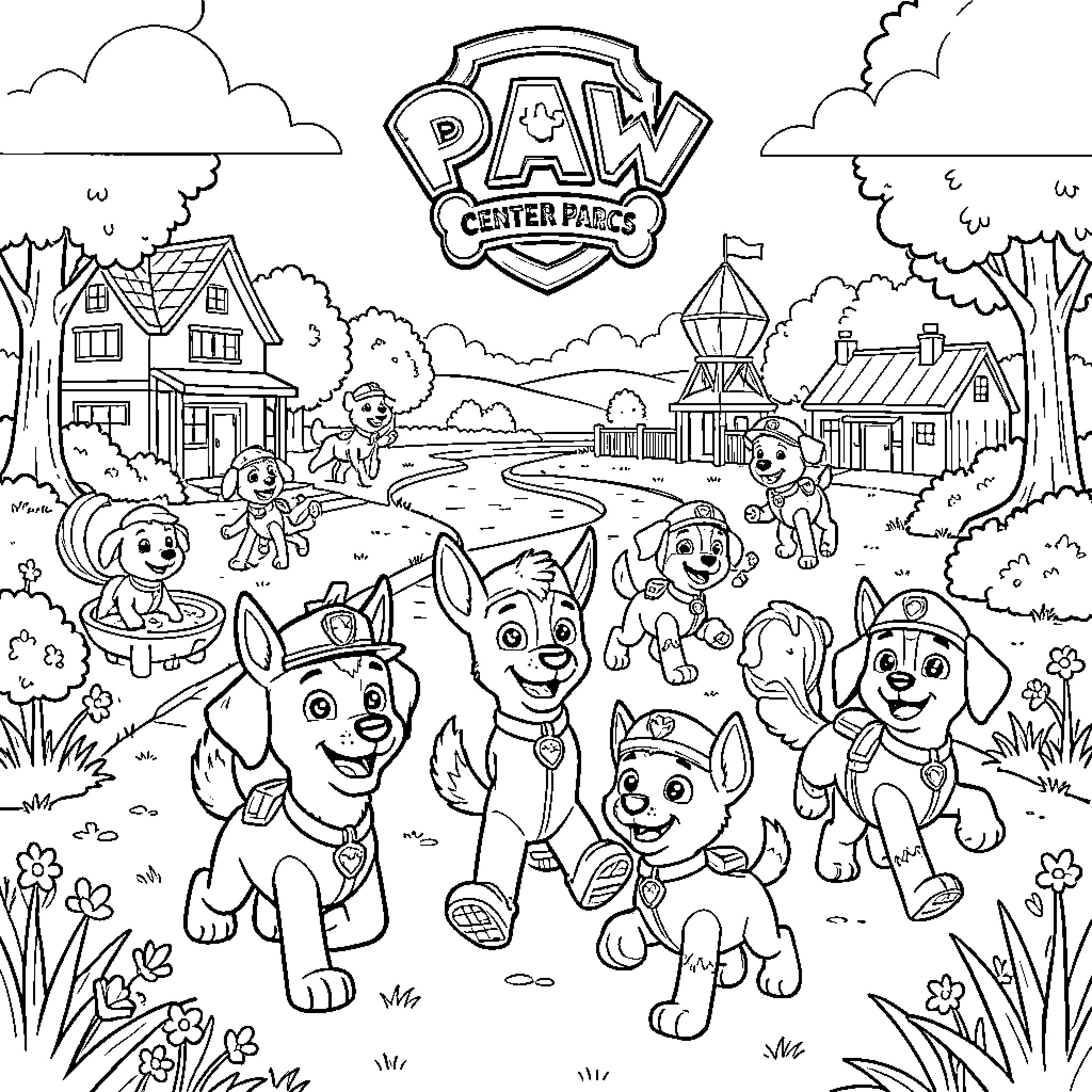Paw Patrol pups running and playing in a park Coloring Page (free black-and-white line drawing printable PDF for all, from beginners to advanced learners, including children, teens, adults, and seniors)