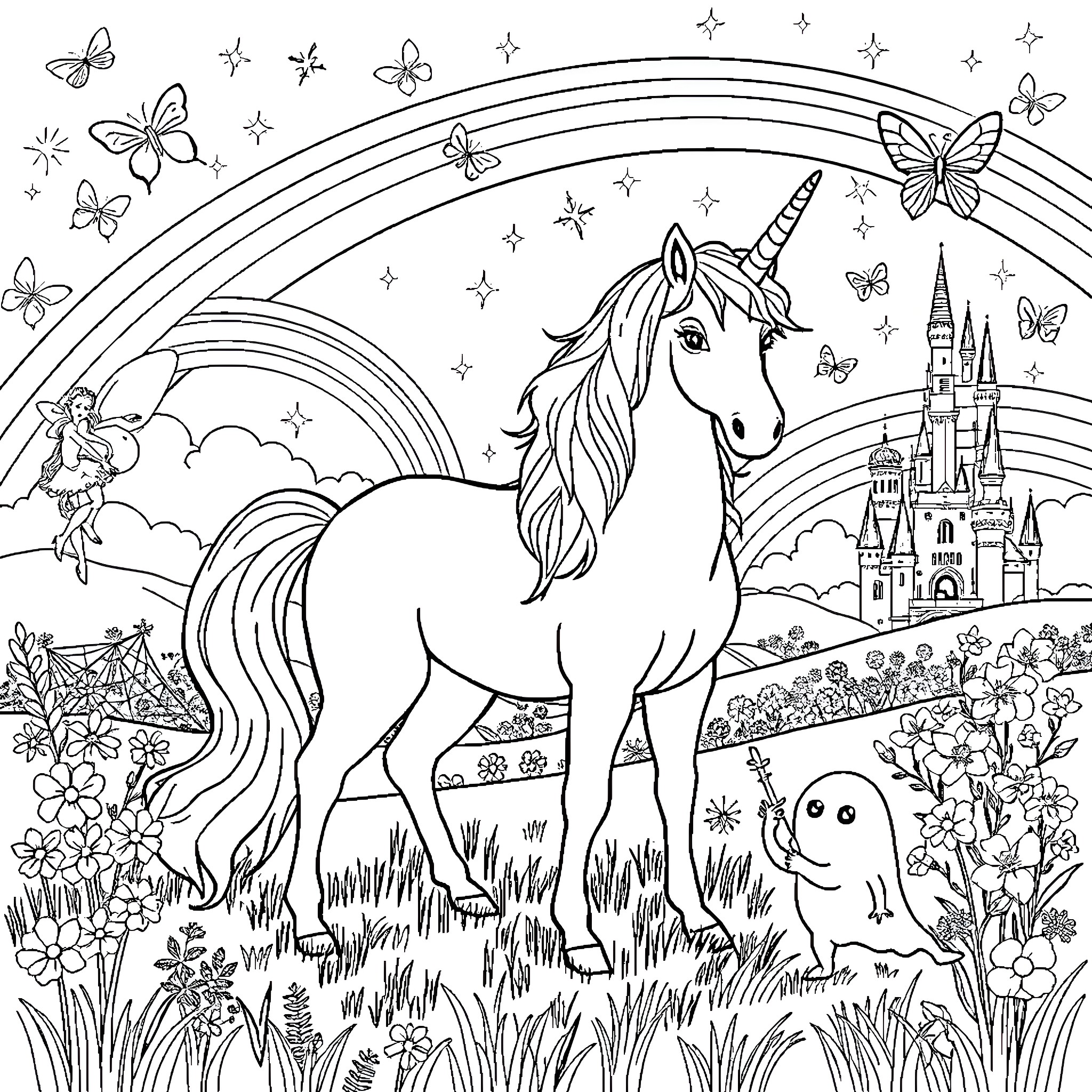 Unicorn in a Magical Landscape with Butterflies Coloring Page (free black-and-white line drawing printable PDF for all, from beginners to advanced learners, including children, teens, adults, and seniors)