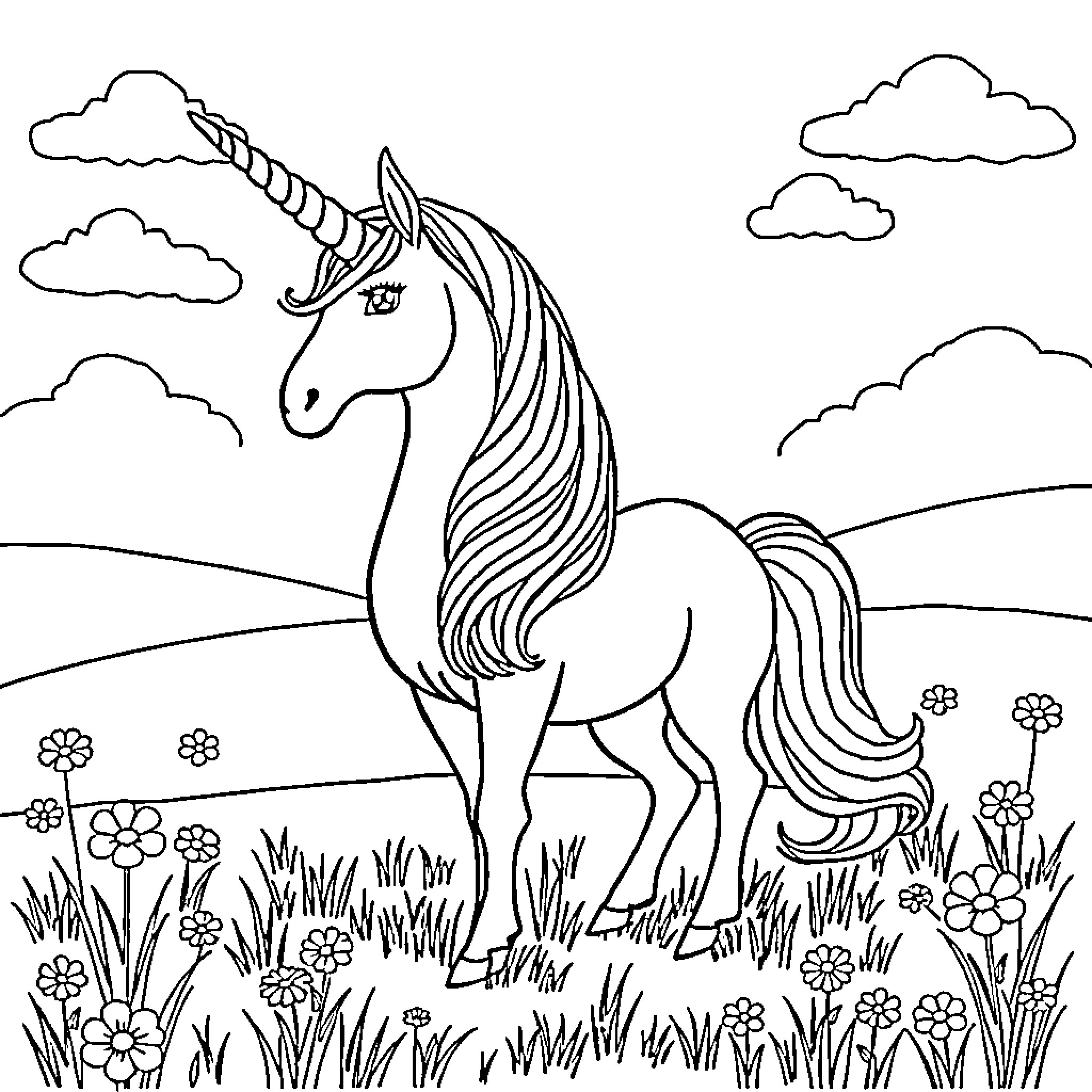 Unicorn standing in a meadow with flowers Coloring Page (free black-and-white line drawing printable PDF for all, from beginners to advanced learners, including children, teens, adults, and seniors)