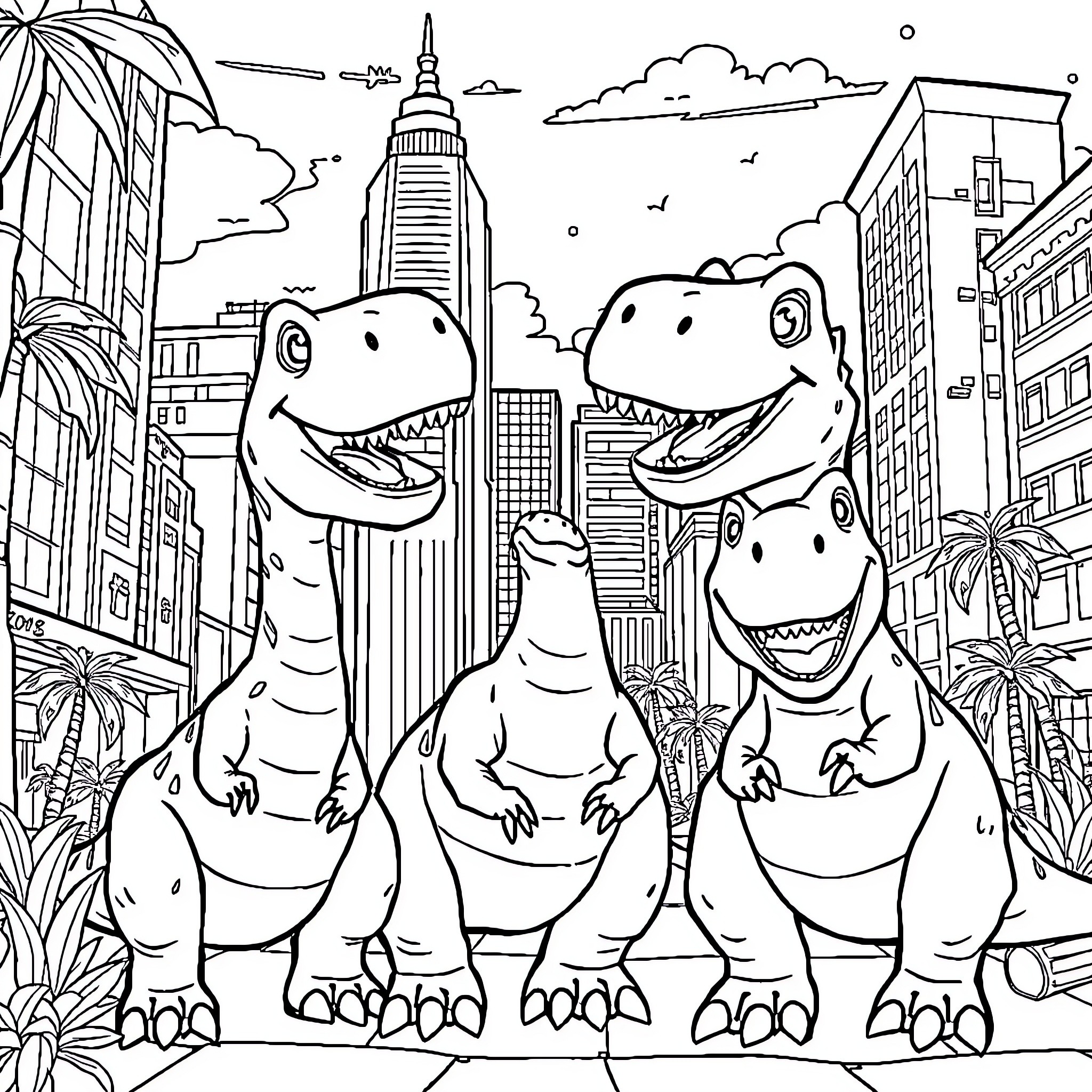 Dinosaurs Exploring the City Skyline Coloring Page (free black-and-white line drawing printable PDF for all, from beginners to advanced learners, including children, teens, adults, and seniors)