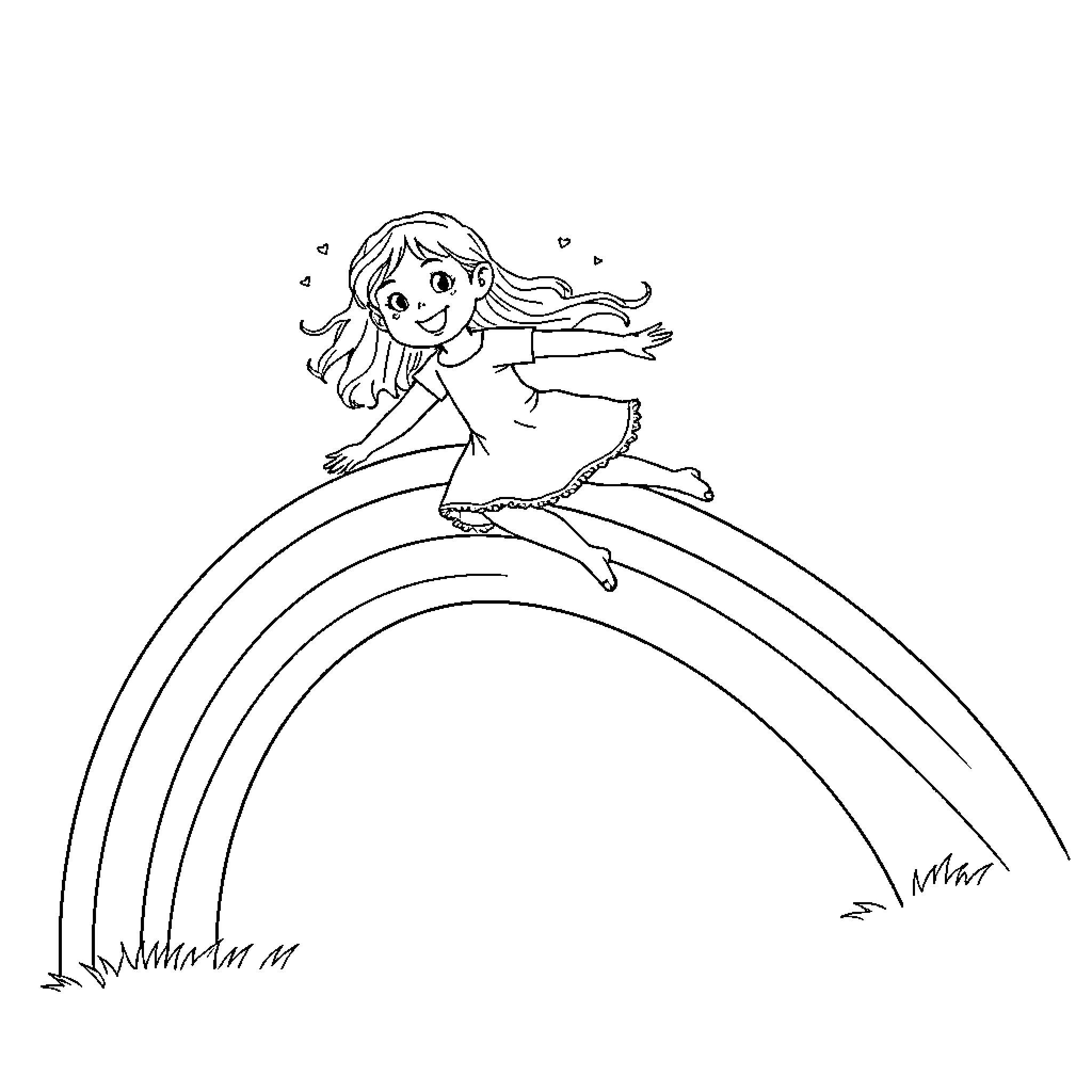 Girl happily dancing on a rainbow Coloring Page (free black-and-white line drawing printable PDF for all, from beginners to advanced learners, including children, teens, adults, and seniors)