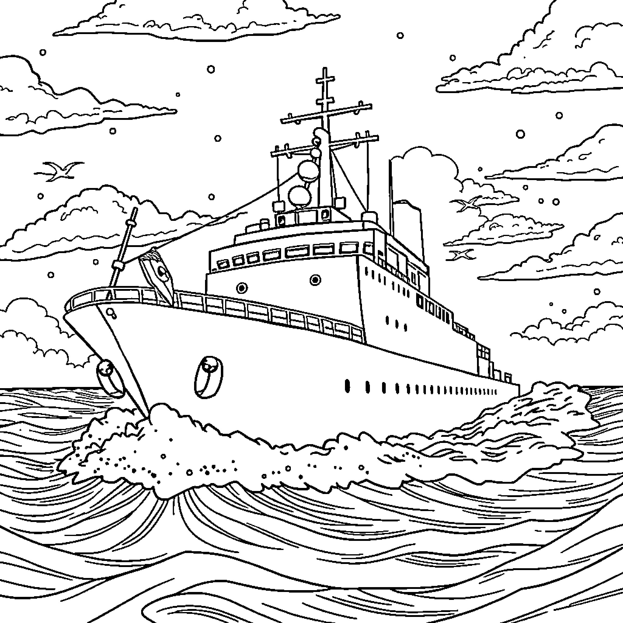 Navy Ship Sailing Through Stormy Seas Coloring Page (free black-and-white line drawing printable PDF for all, from beginners to advanced learners, including children, teens, adults, and seniors)