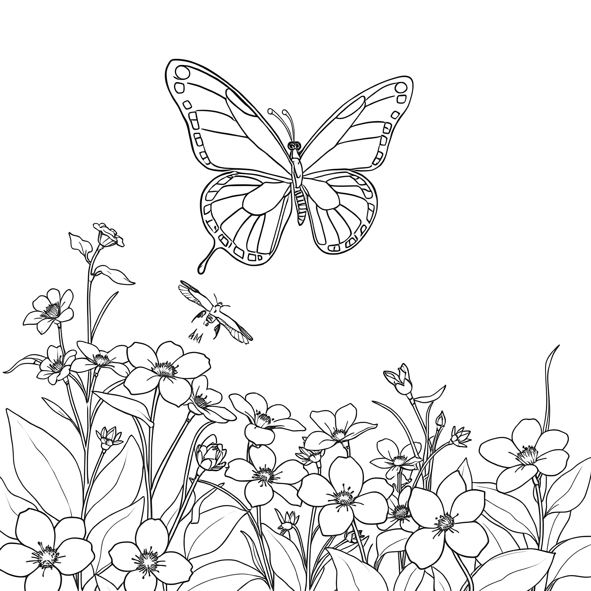 Butterfly in a garden of flowers Coloring Page (free black-and-white line drawing printable PDF for all, from beginners to advanced learners, including children, teens, adults, and seniors)