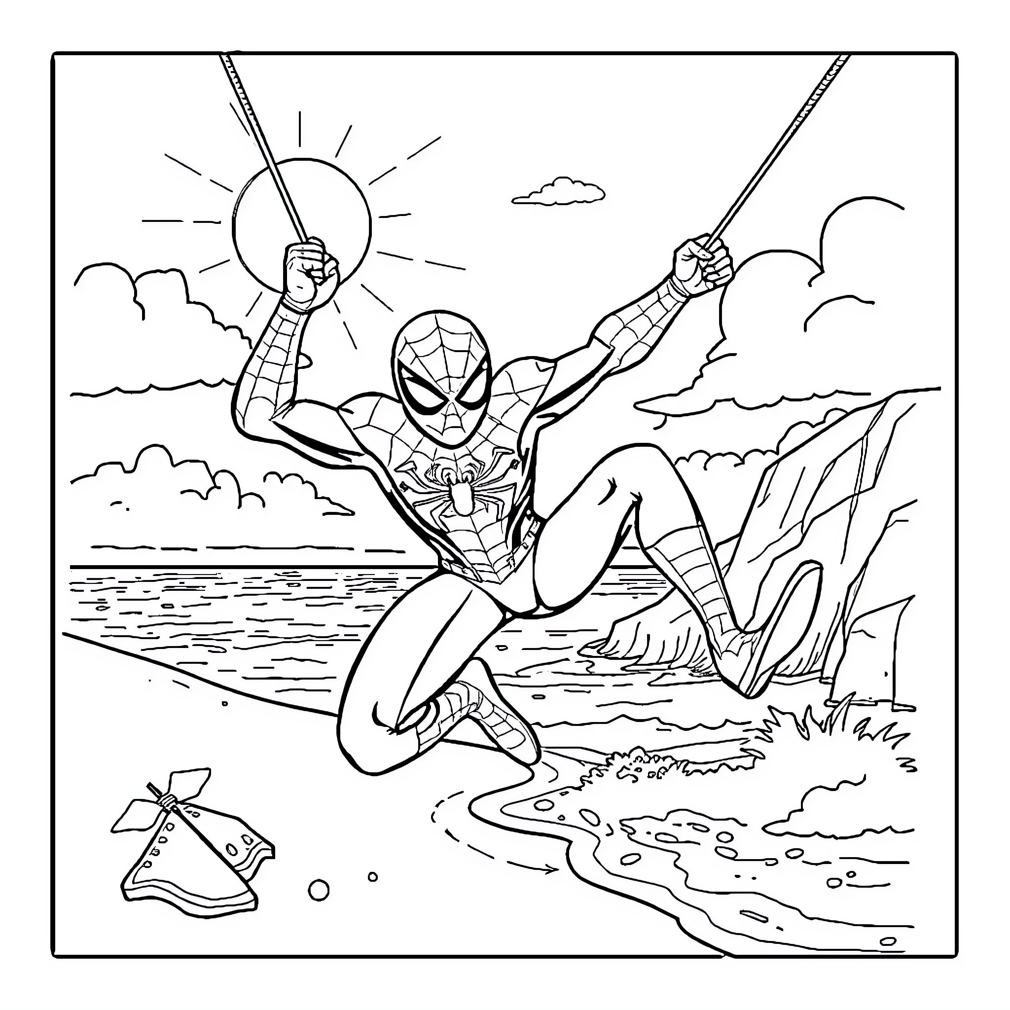 Spiderman swinging through the city skyline Coloring Page (free black-and-white line drawing printable PDF for all, from beginners to advanced learners, including children, teens, adults, and seniors)