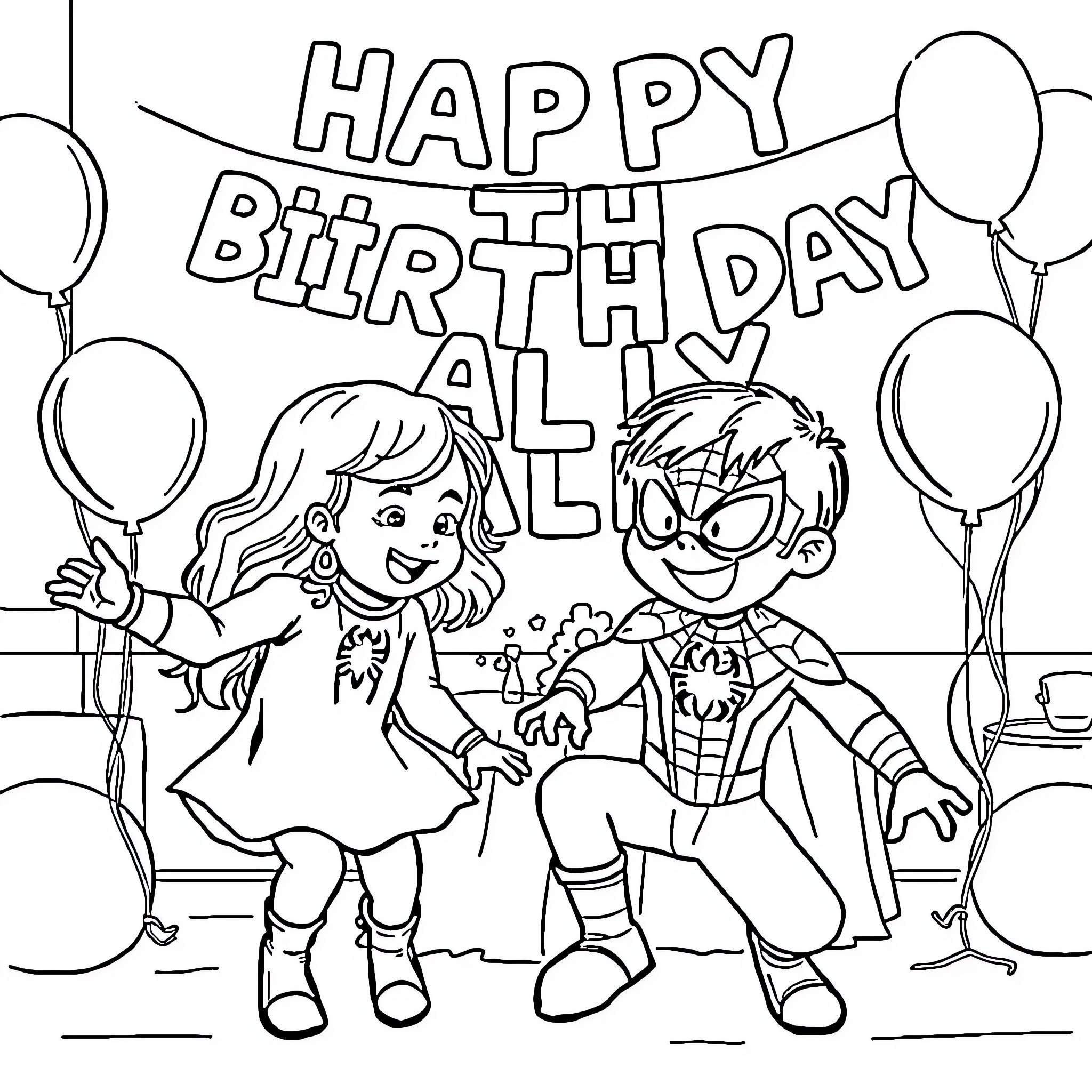 Child birthday party with happy friends Coloring Page (free black-and-white line drawing printable PDF for all, from beginners to advanced learners, including children, teens, adults, and seniors)