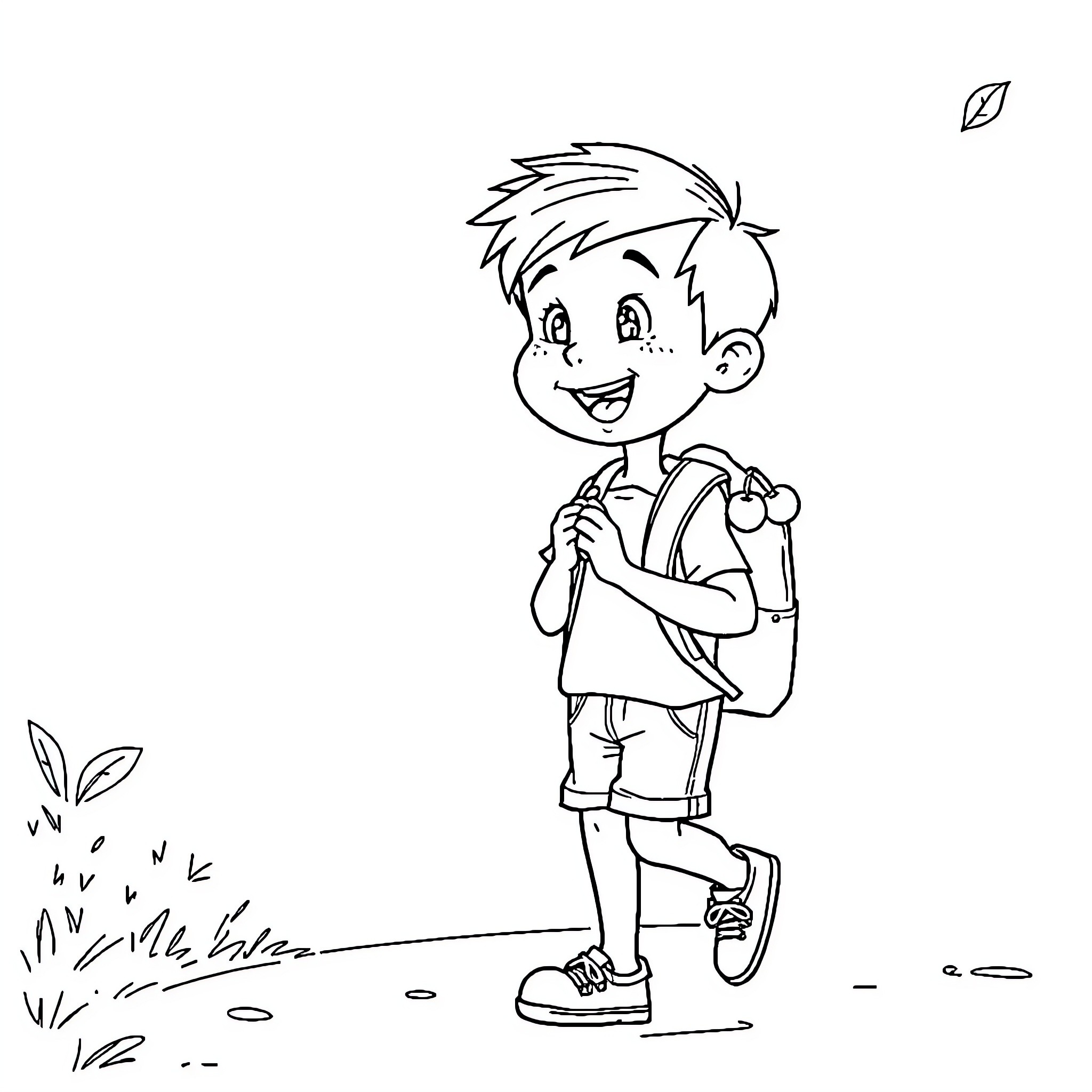 Boy happily walking outdoors with backpack Coloring Page (free black-and-white line drawing printable PDF for all, from beginners to advanced learners, including children, teens, adults, and seniors)