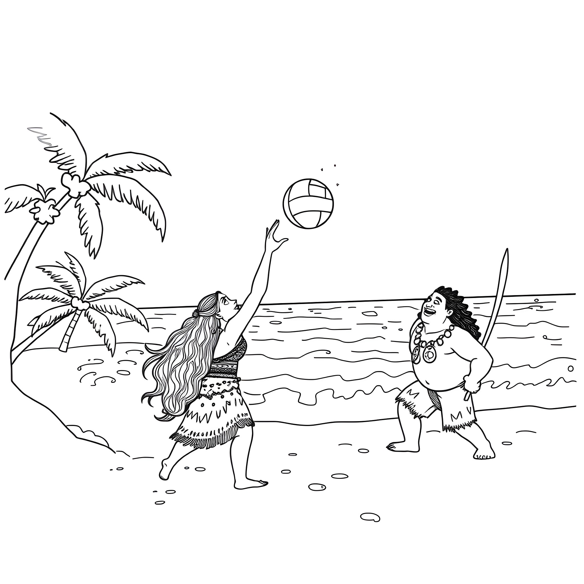 Moana playing volleyball with a friend on the beach Coloring Page (free black-and-white line drawing printable PDF for all, from beginners to advanced learners, including children, teens, adults, and seniors)