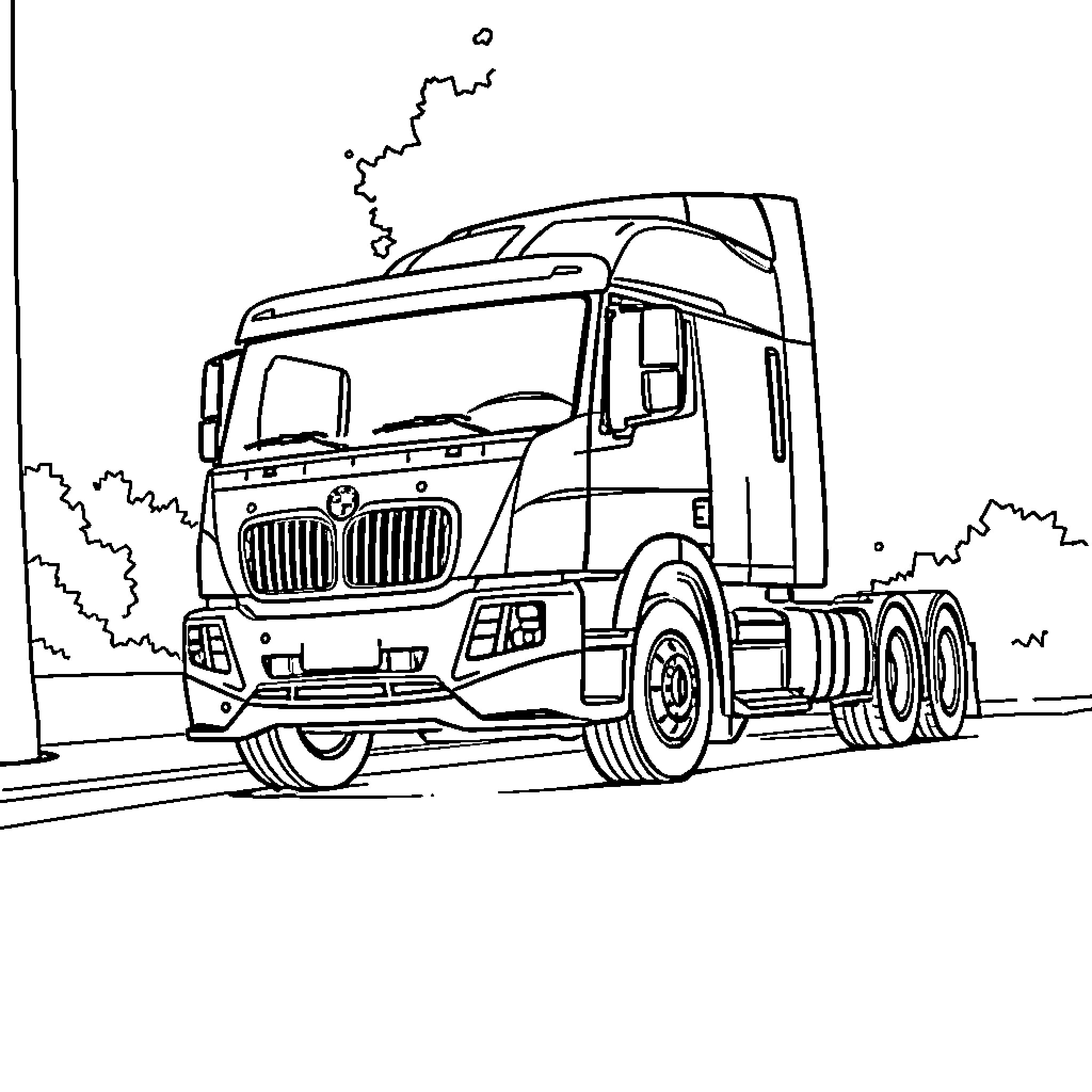 BMW Truck on the road Coloring Page (free black-and-white line drawing printable PDF for all, from beginners to advanced learners, including children, teens, adults, and seniors)
