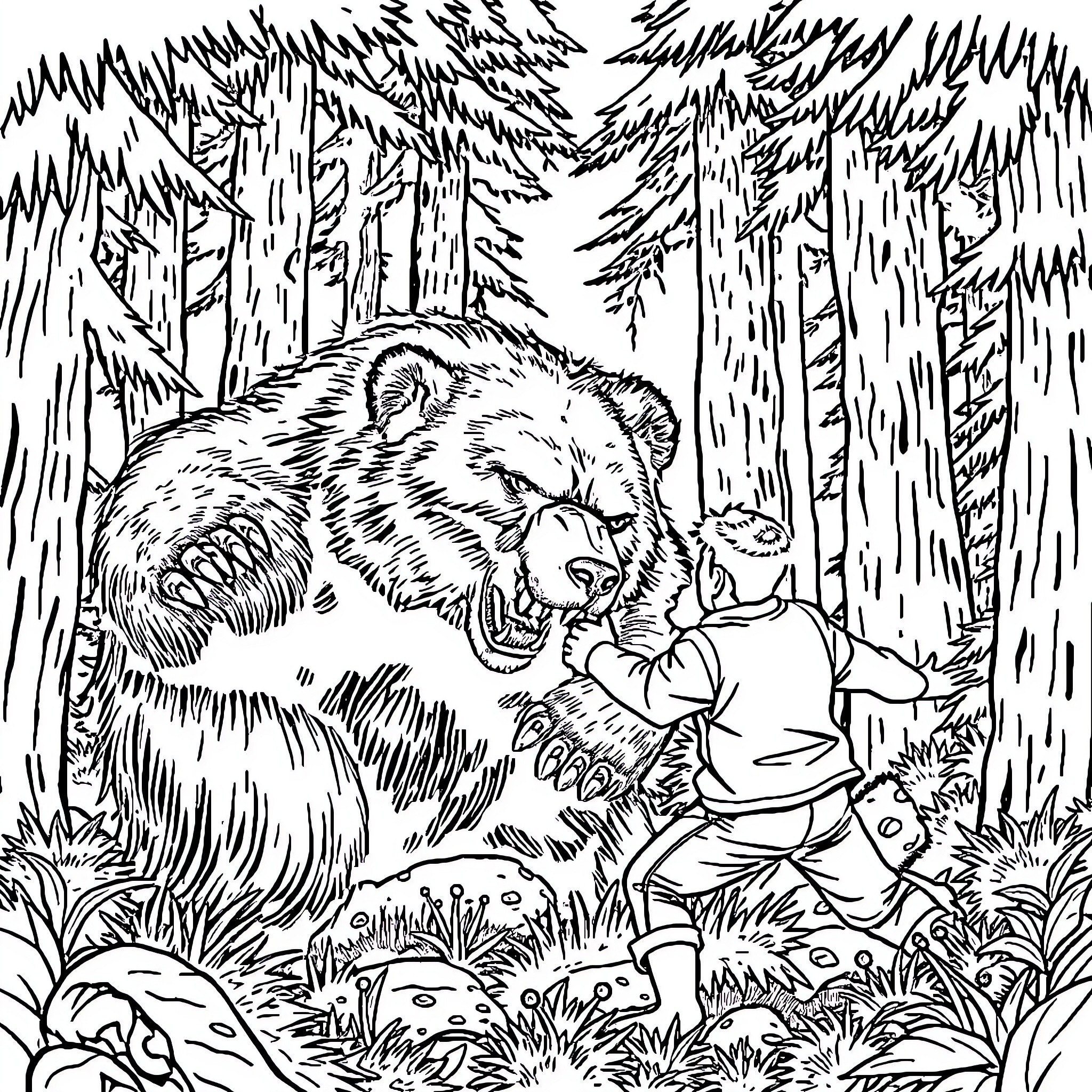 Jey Uso's Encounter with a Mighty Forest Bear Coloring Page (free black-and-white line drawing printable PDF for all, from beginners to advanced learners, including children, teens, adults, and seniors)