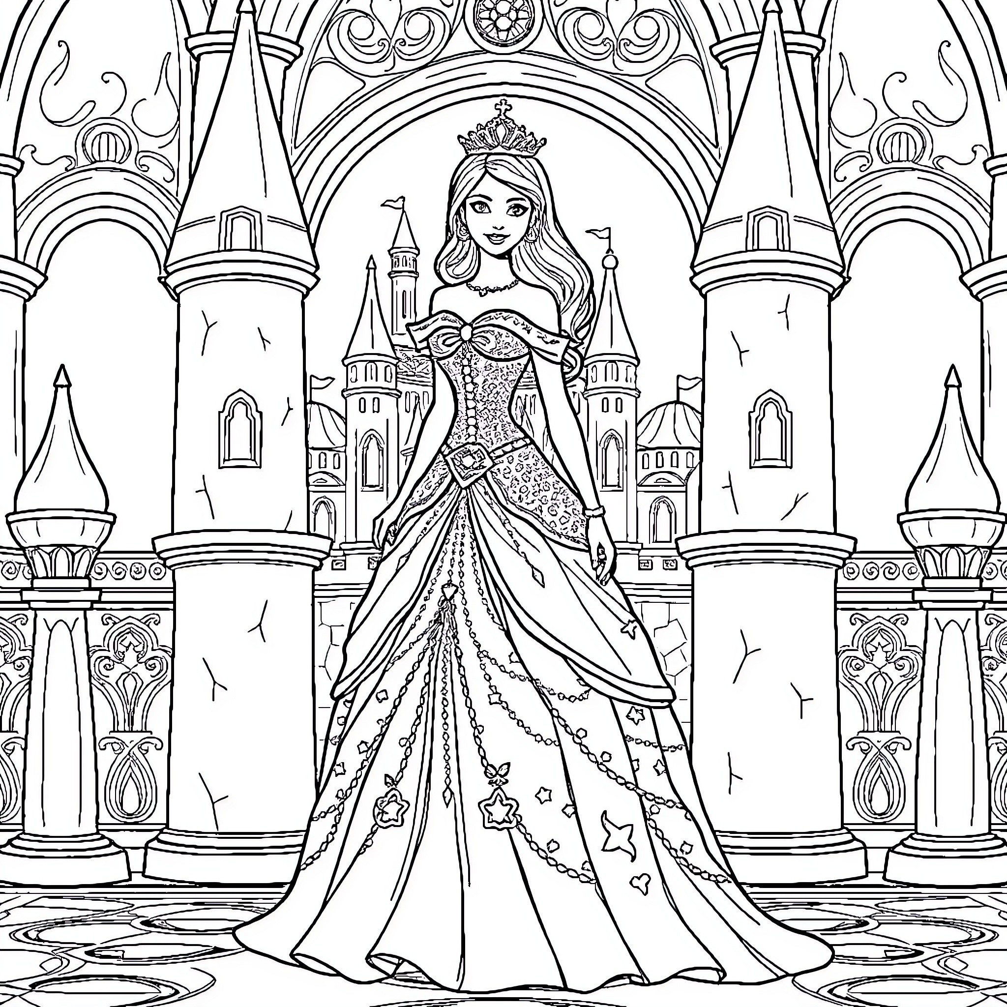 Princess in a Majestic Castle Setting Coloring Page (free black-and-white line drawing printable PDF for all, from beginners to advanced learners, including children, teens, adults, and seniors)