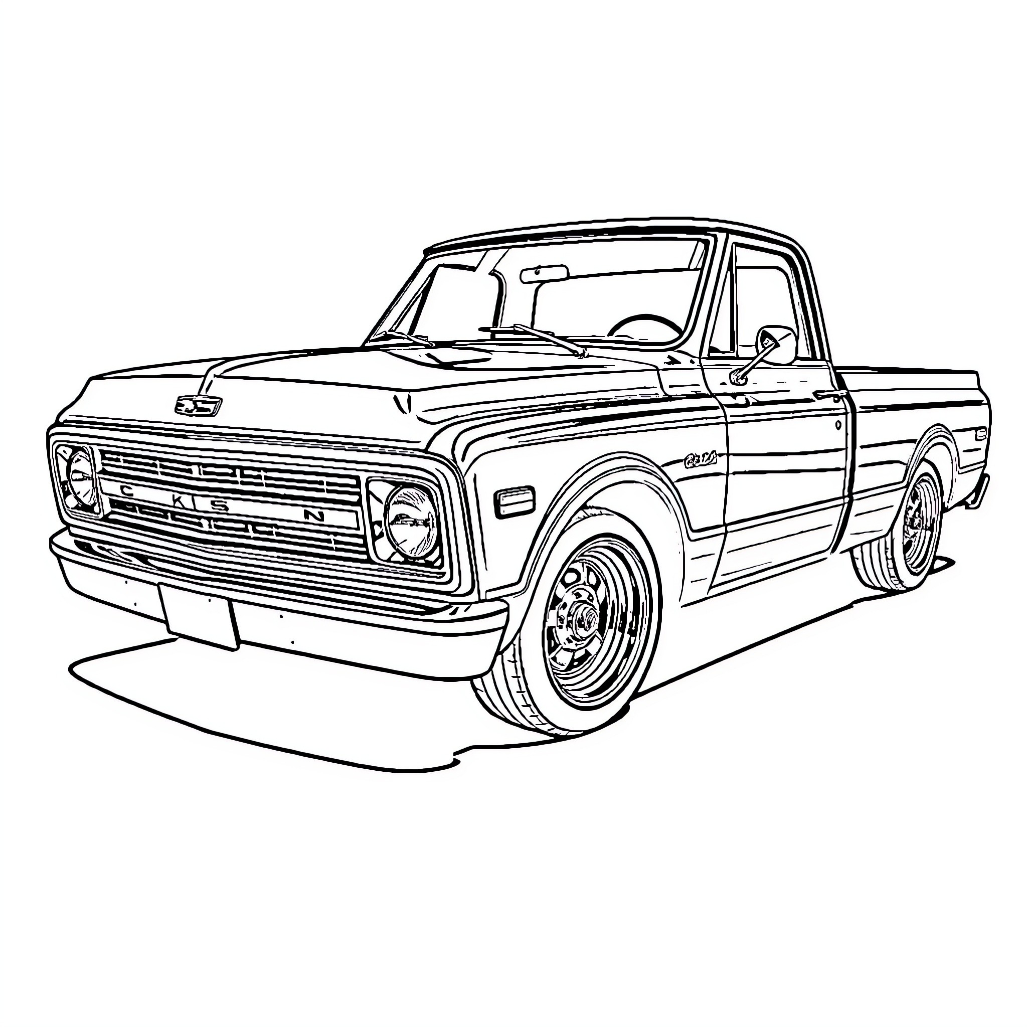 Pickup Truck with Custom Accessories and Modifications Coloring Page (free black-and-white line drawing printable PDF for all, from beginners to advanced learners, including children, teens, adults, and seniors)