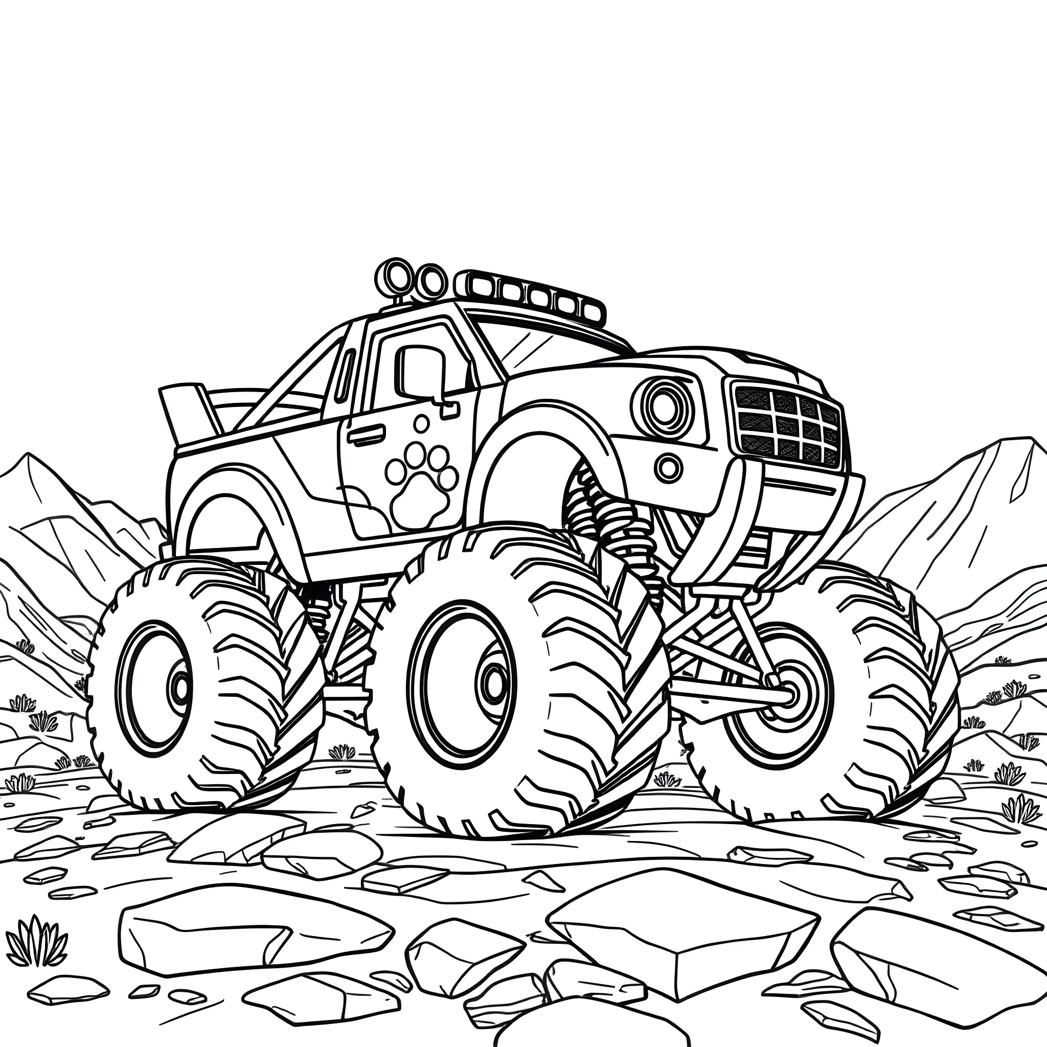 Monster Truck Traversing Rugged Terrain Coloring Page (free black-and-white line drawing printable PDF for all, from beginners to advanced learners, including children, teens, adults, and seniors)