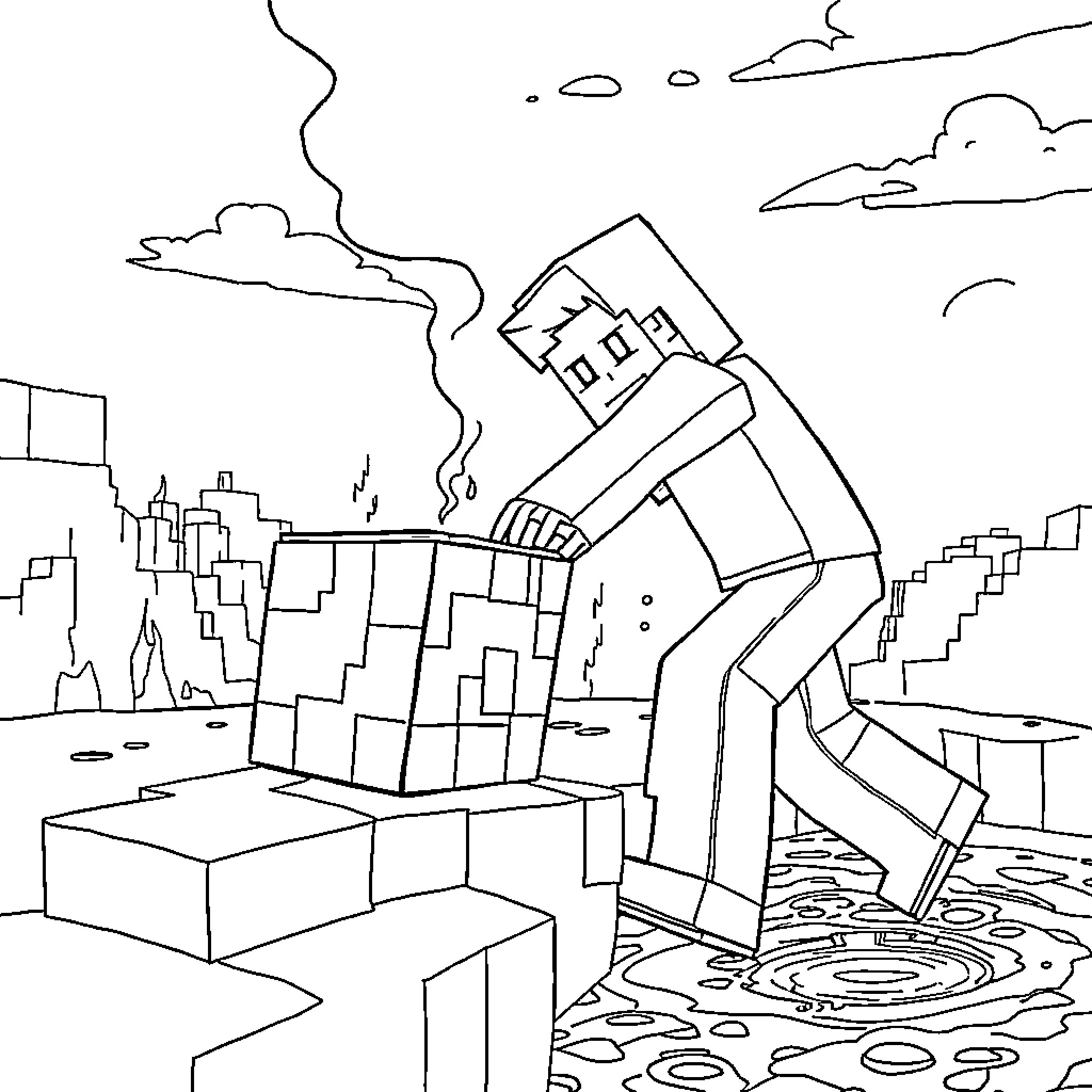 Man exploring post-apocalyptic landscape with abandoned buildings Coloring Page (free black-and-white line drawing printable PDF for all, from beginners to advanced learners, including children, teens, adults, and seniors)