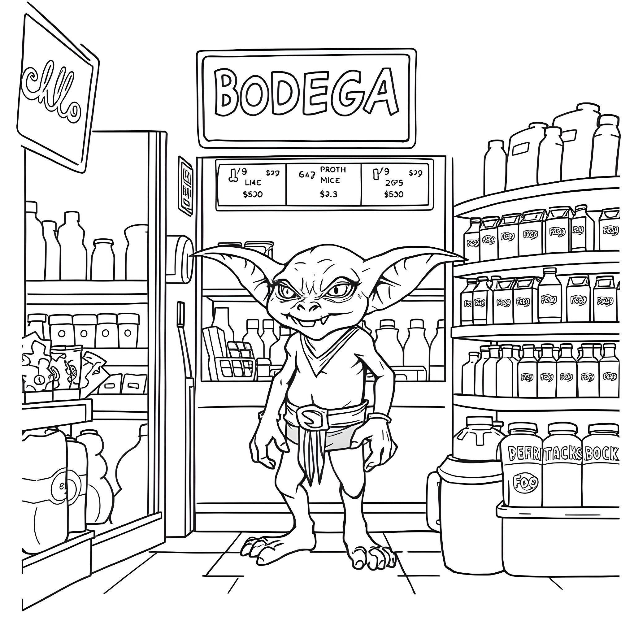 Goblin exploring the bodega Coloring Page (free black-and-white line drawing printable PDF for all, from beginners to advanced learners, including children, teens, adults, and seniors)