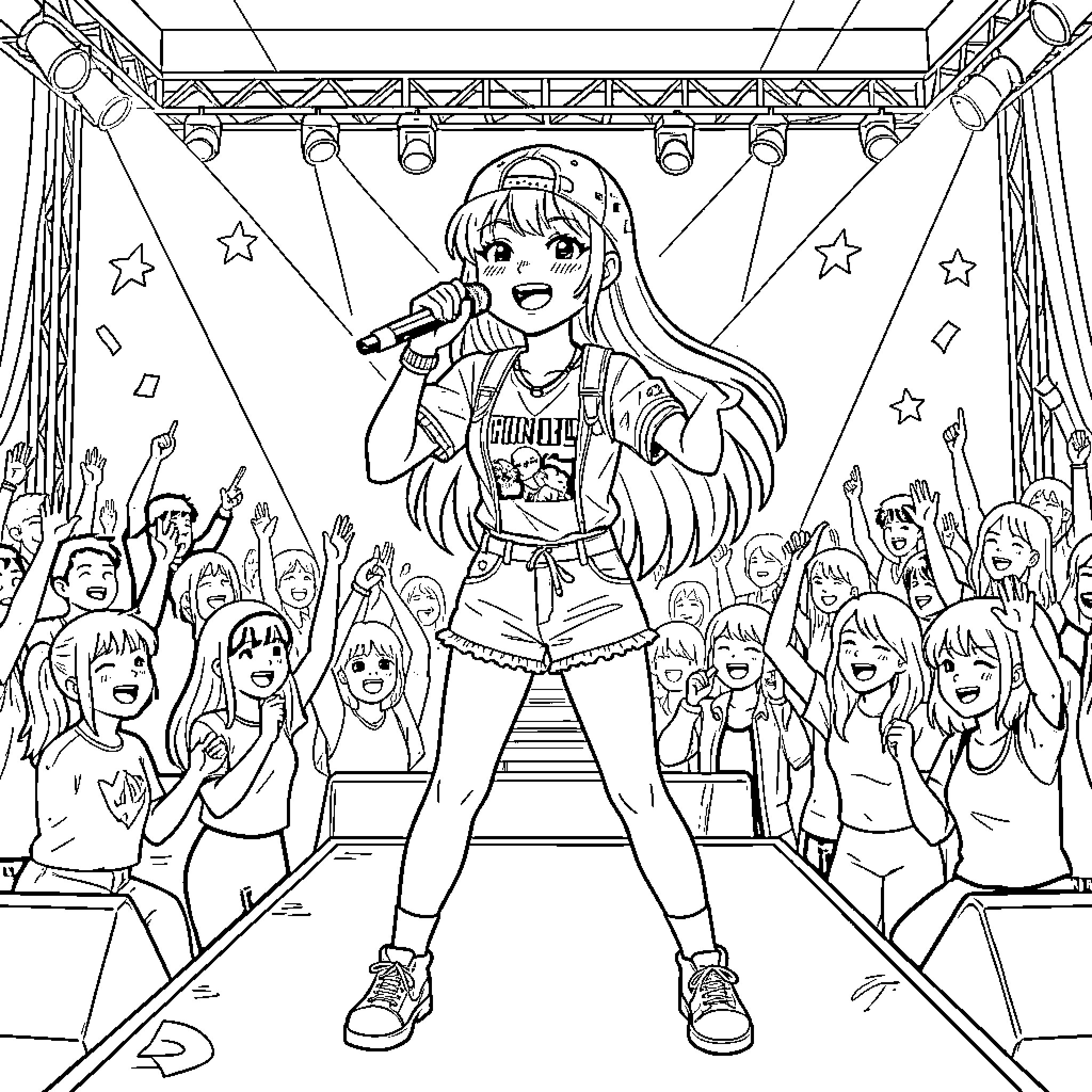 Giulia singing energetically on a concert stage Coloring Page (free black-and-white line drawing printable PDF for all, from beginners to advanced learners, including children, teens, adults, and seniors)