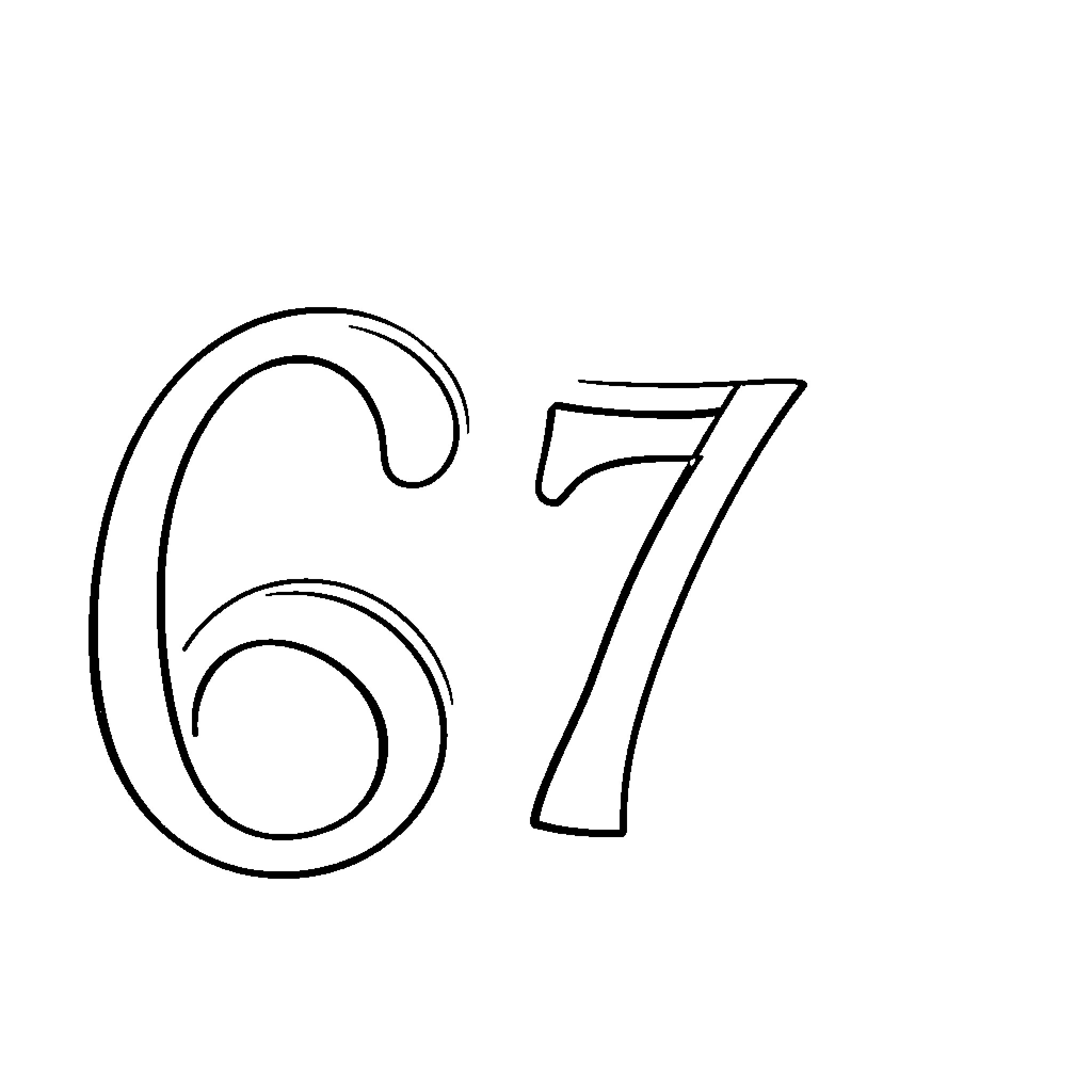 67 Numbers drawn with elegant curving lines Coloring Page (free black-and-white line drawing printable PDF for all, from beginners to advanced learners, including children, teens, adults, and seniors)