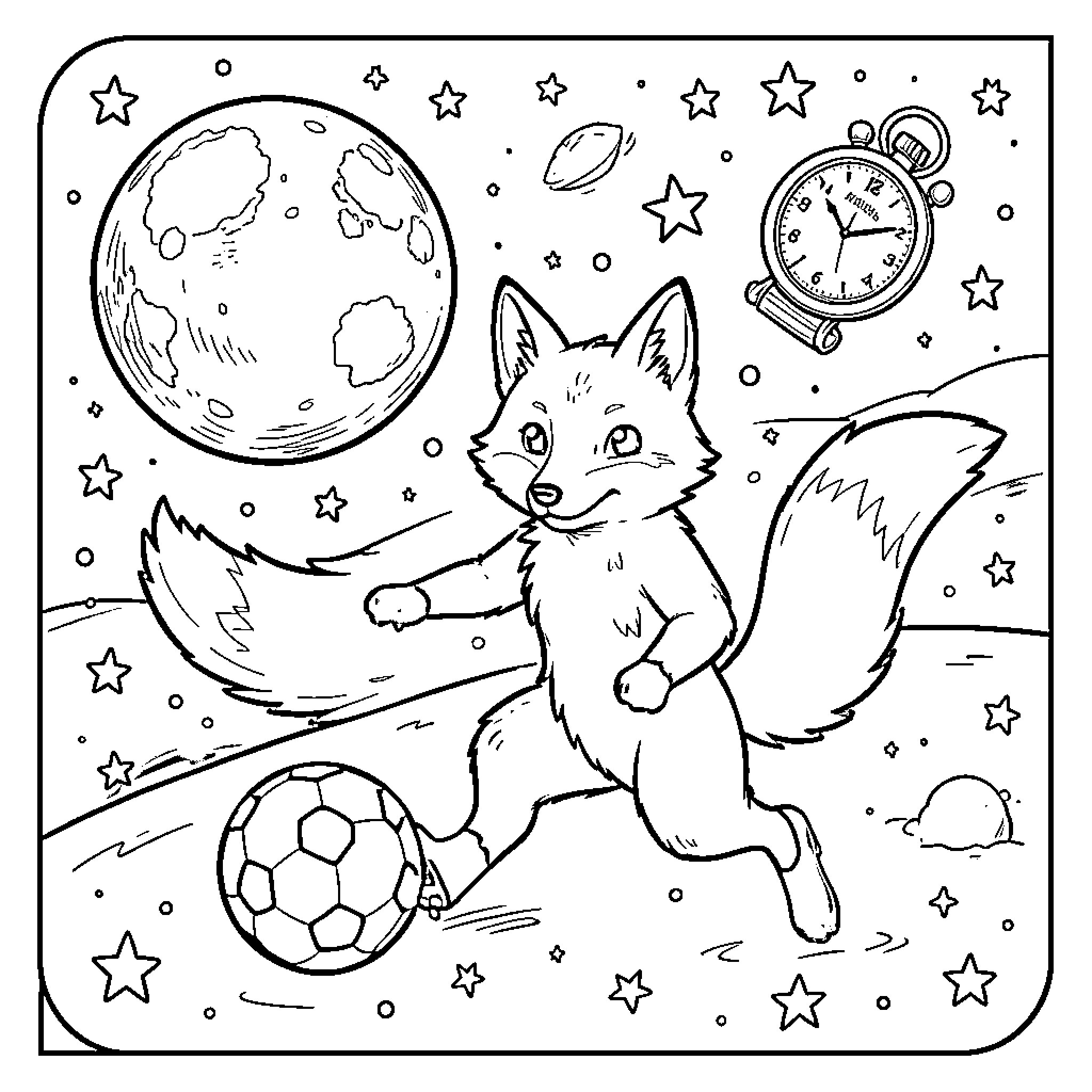 Renard playing soccer under the moon and stars Coloring Page (free black-and-white line drawing printable PDF for all, from beginners to advanced learners, including children, teens, adults, and seniors)