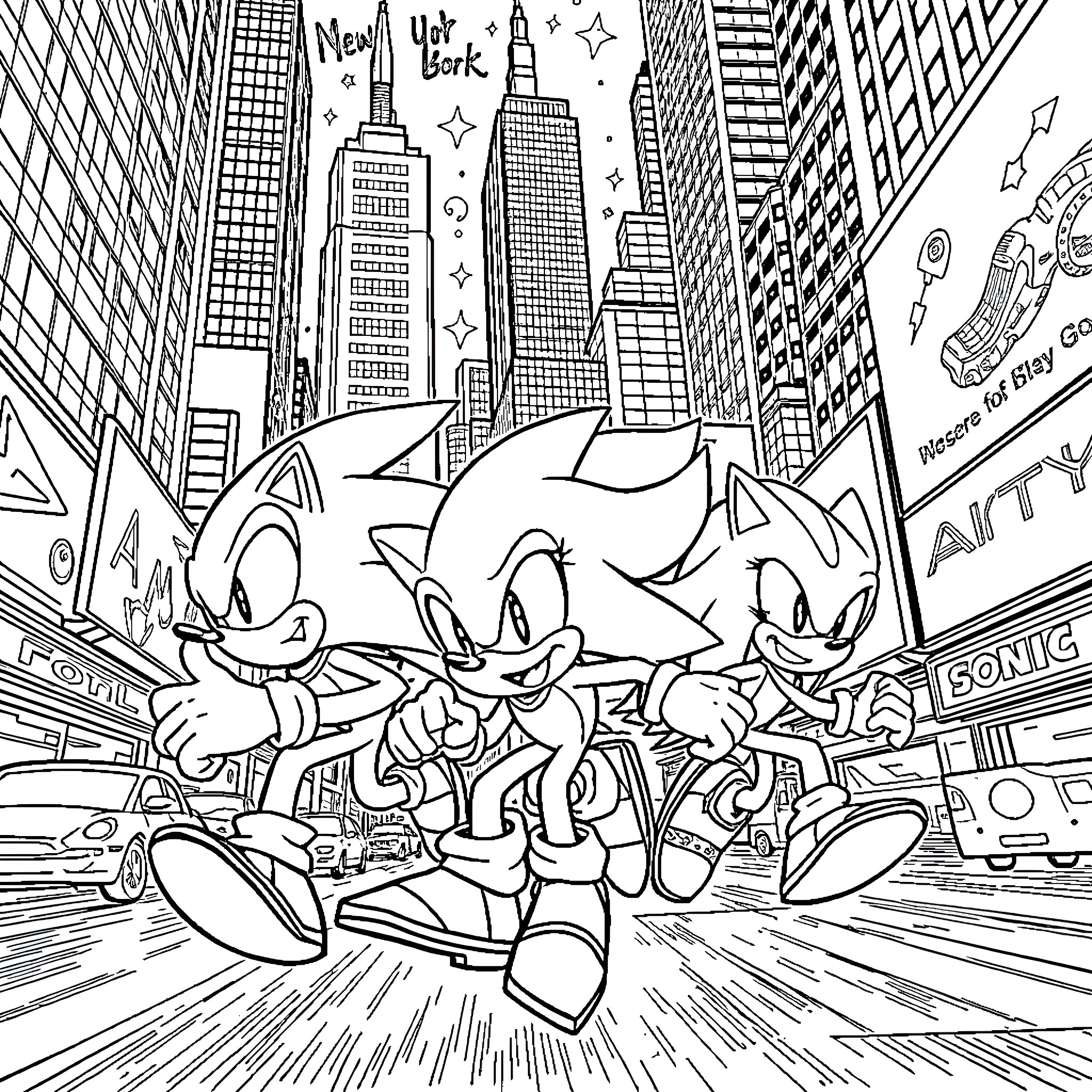 Sonic and Friends Explore the Bustling City Coloring Page (free black-and-white line drawing printable PDF for all, from beginners to advanced learners, including children, teens, adults, and seniors)