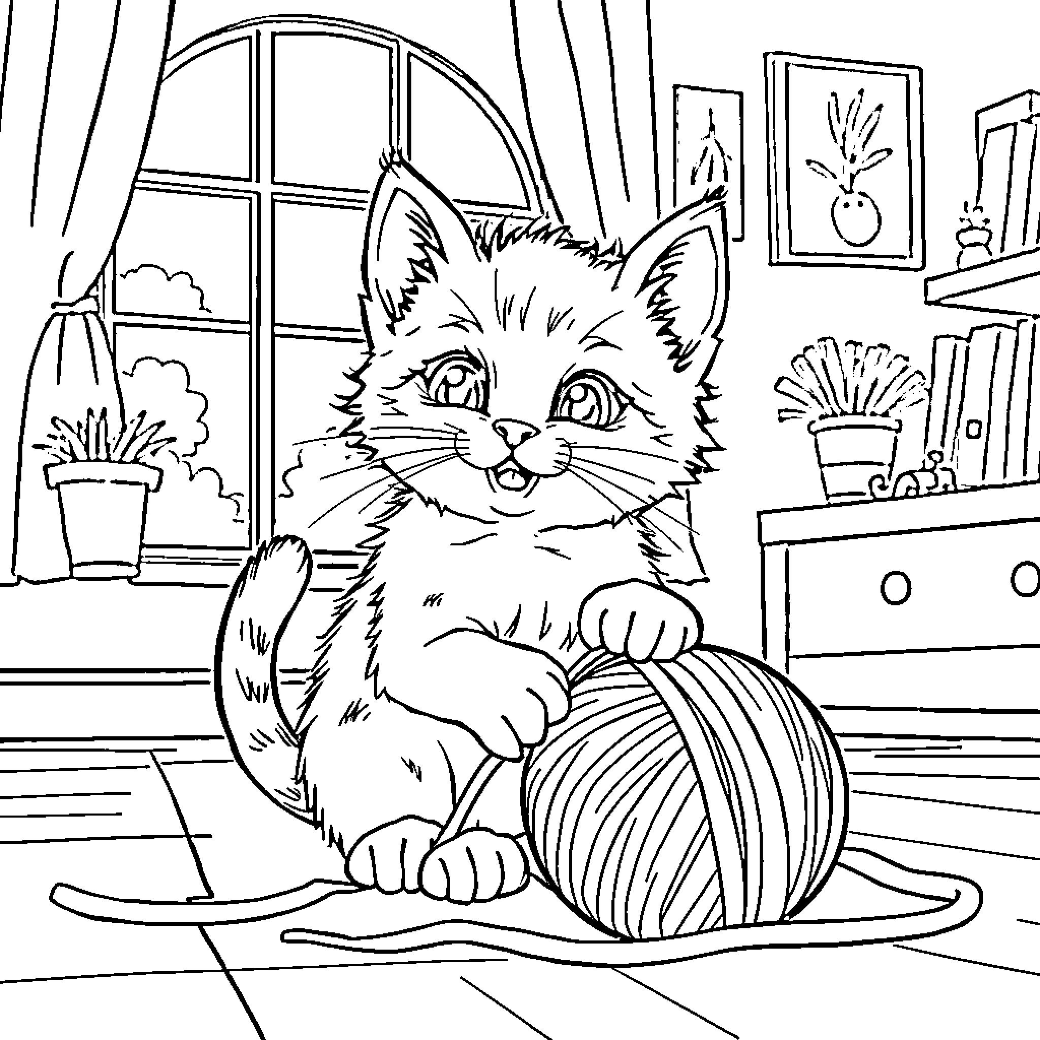 Kitten Playfully Entangled in Ball of Yarn Coloring Page (free black-and-white line drawing printable PDF for all, from beginners to advanced learners, including children, teens, adults, and seniors)