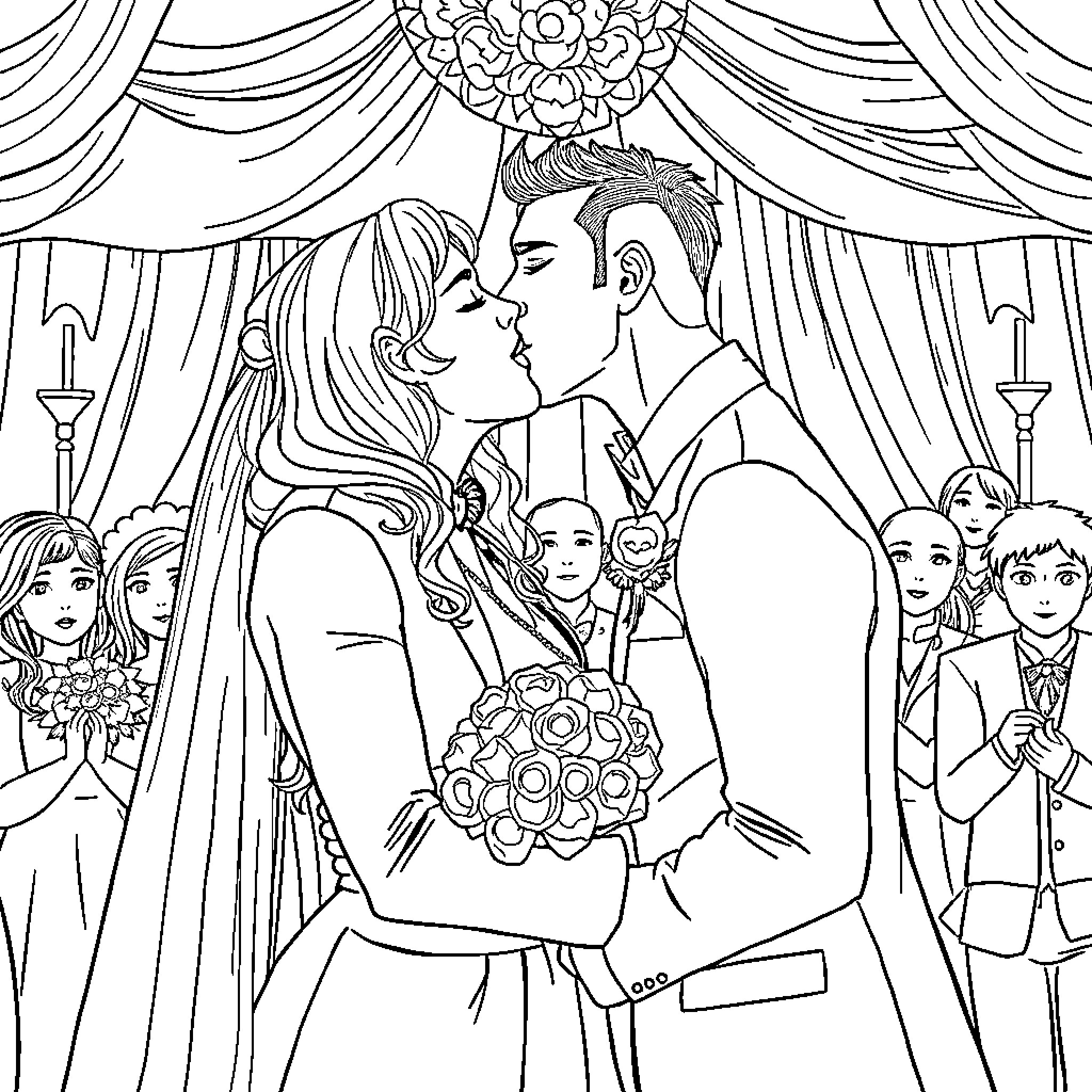 Yor and Loid's Joyous Wedding Celebration Coloring Page (free black-and-white line drawing printable PDF for all, from beginners to advanced learners, including children, teens, adults, and seniors)