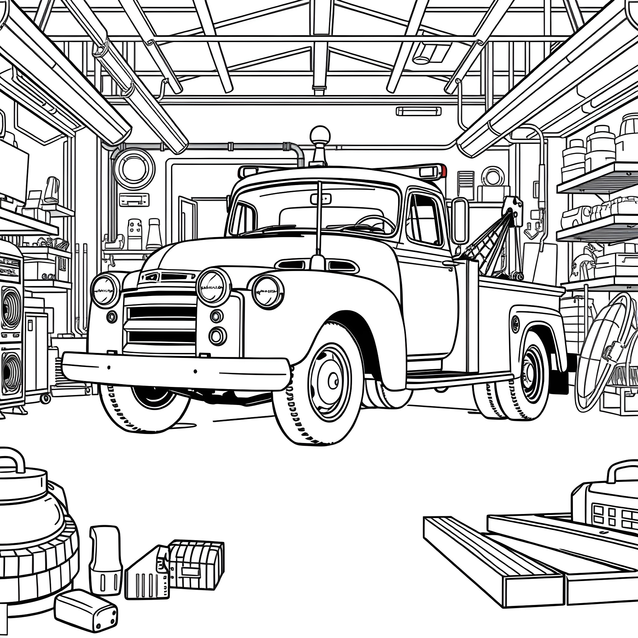 Tow Truck Parked in Garage with Shelves Coloring Page (free black-and-white line drawing printable PDF for all, from beginners to advanced learners, including children, teens, adults, and seniors)