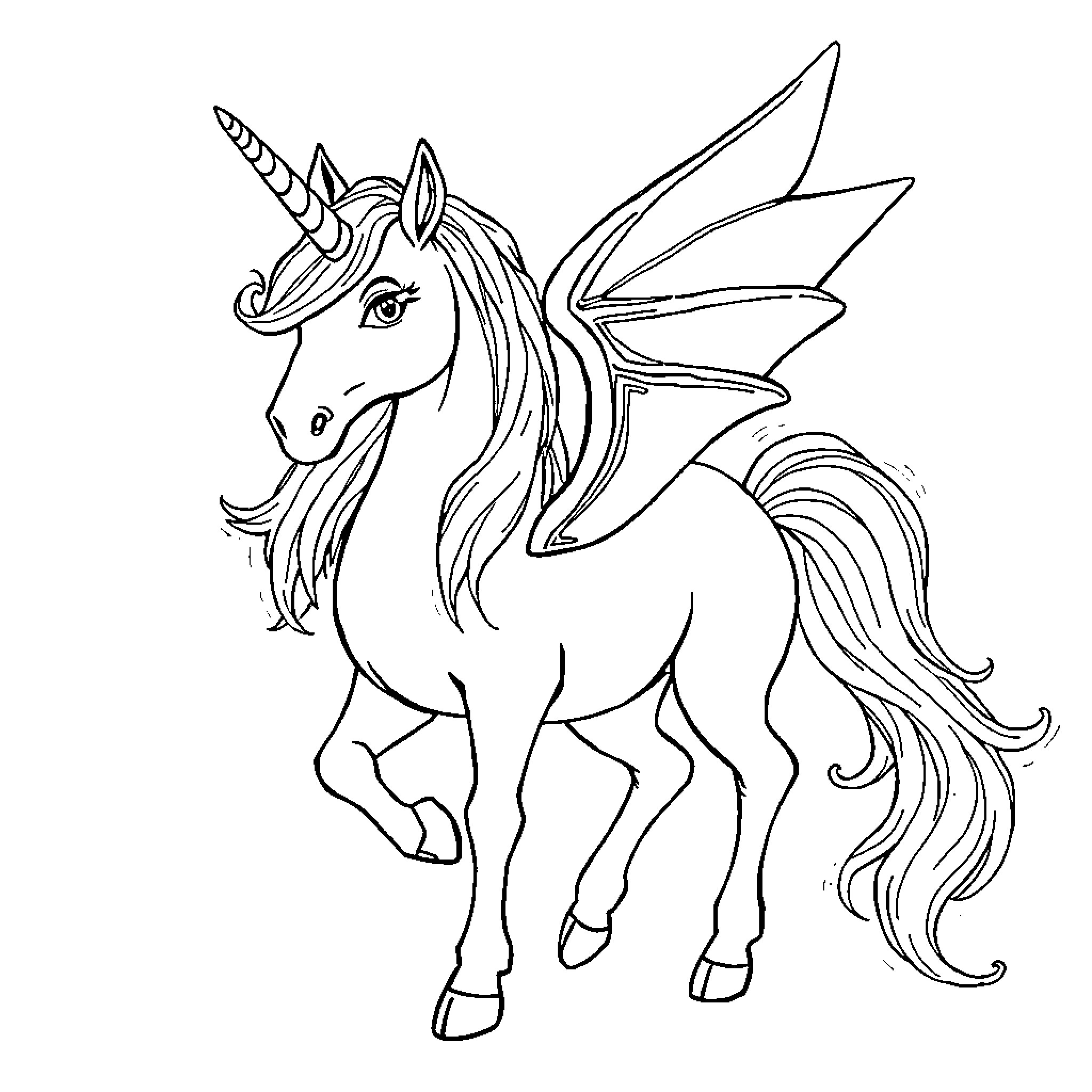 Unicorn with majestic wings and flowing mane Coloring Page (free black-and-white line drawing printable PDF for all, from beginners to advanced learners, including children, teens, adults, and seniors)