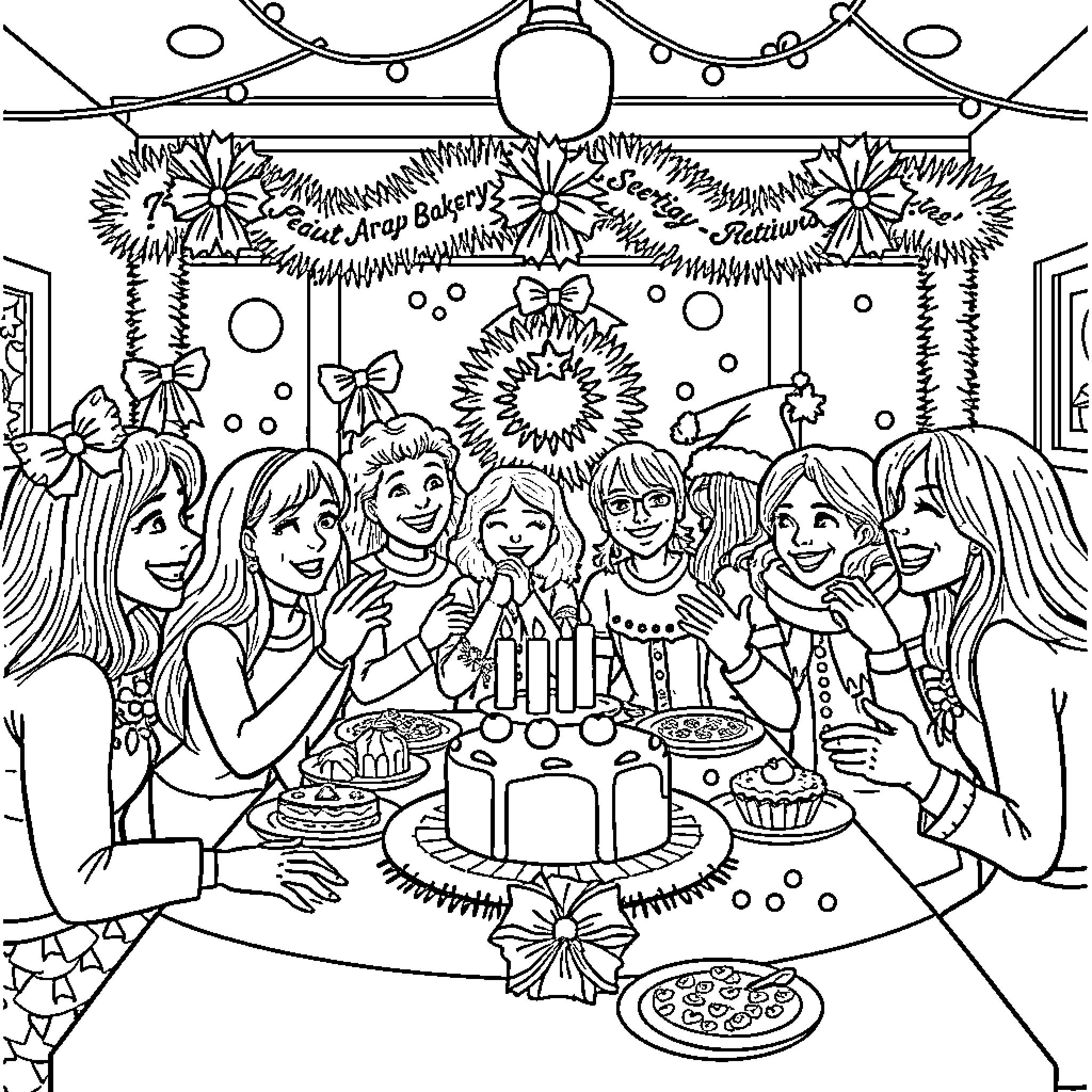 Daisy's Birthday Party with Friends Coloring Page (free black-and-white line drawing printable PDF for all, from beginners to advanced learners, including children, teens, adults, and seniors)