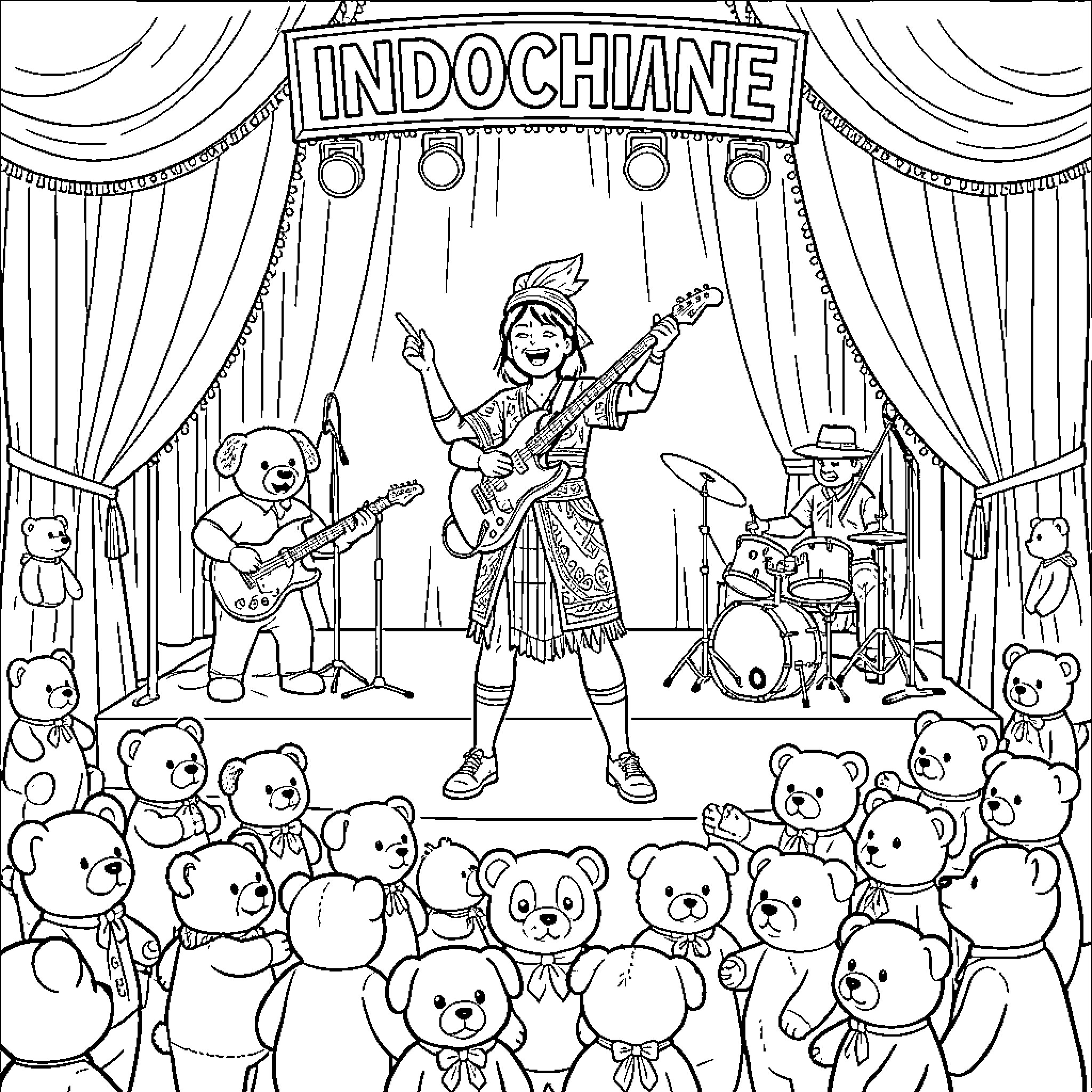 Indochine musicians performing on stage for an audience Coloring Page (free black-and-white line drawing printable PDF for all, from beginners to advanced learners, including children, teens, adults, and seniors)