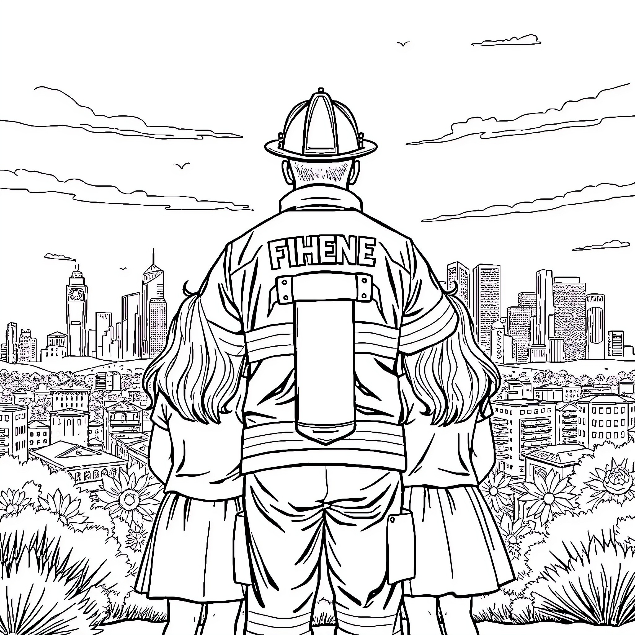 Firefighter overlooking the city skyline Coloring Page (free black-and-white line drawing printable PDF for all, from beginners to advanced learners, including children, teens, adults, and seniors)