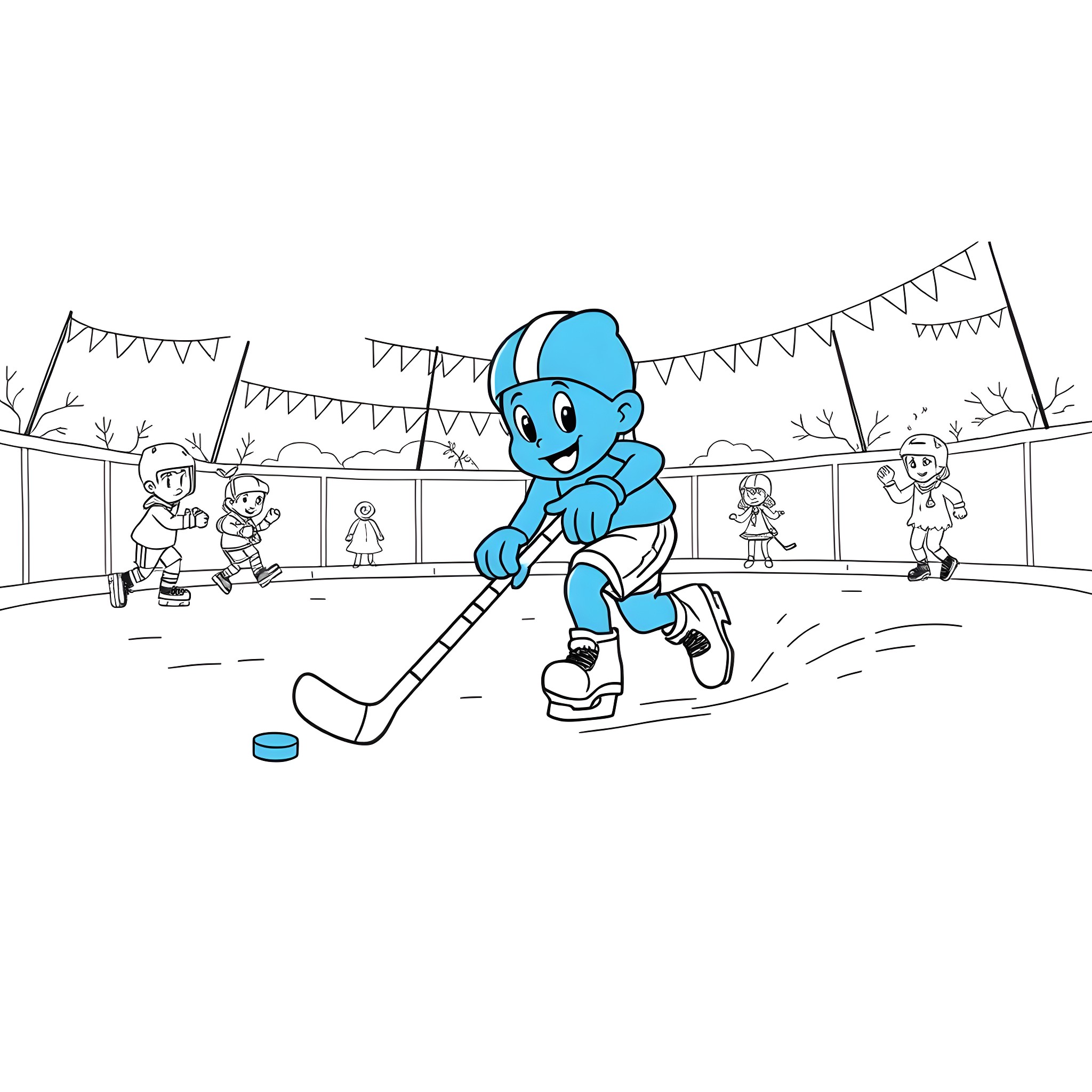 Bluey playing hockey with friends on the rink Coloring Page (free black-and-white line drawing printable PDF for all, from beginners to advanced learners, including children, teens, adults, and seniors)