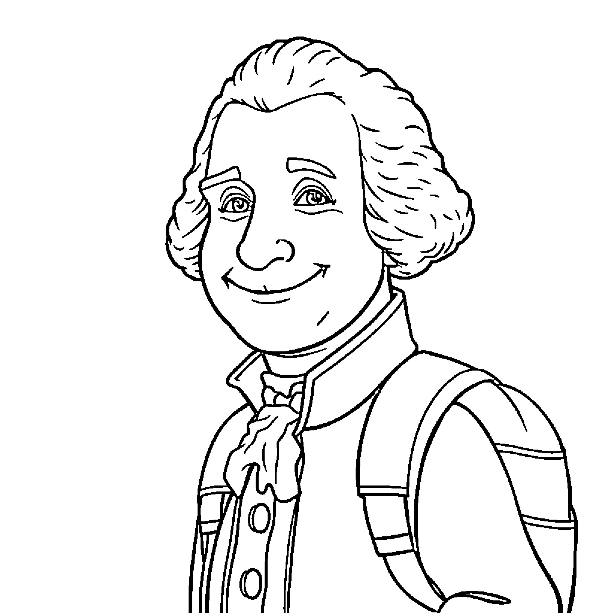 George Washington smiling in historical costume Coloring Page (free black-and-white line drawing printable PDF for all, from beginners to advanced learners, including children, teens, adults, and seniors)