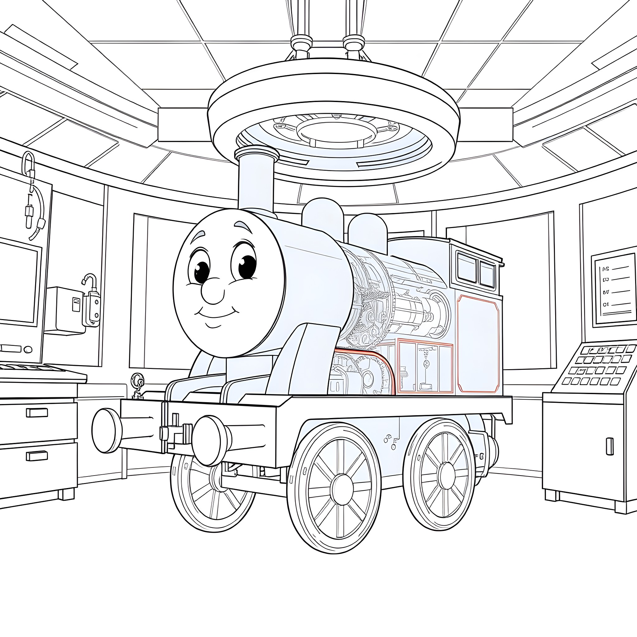 Thomas the Tank Engine in a Classroom Setting Coloring Page (free black-and-white line drawing printable PDF for all, from beginners to advanced learners, including children, teens, adults, and seniors)