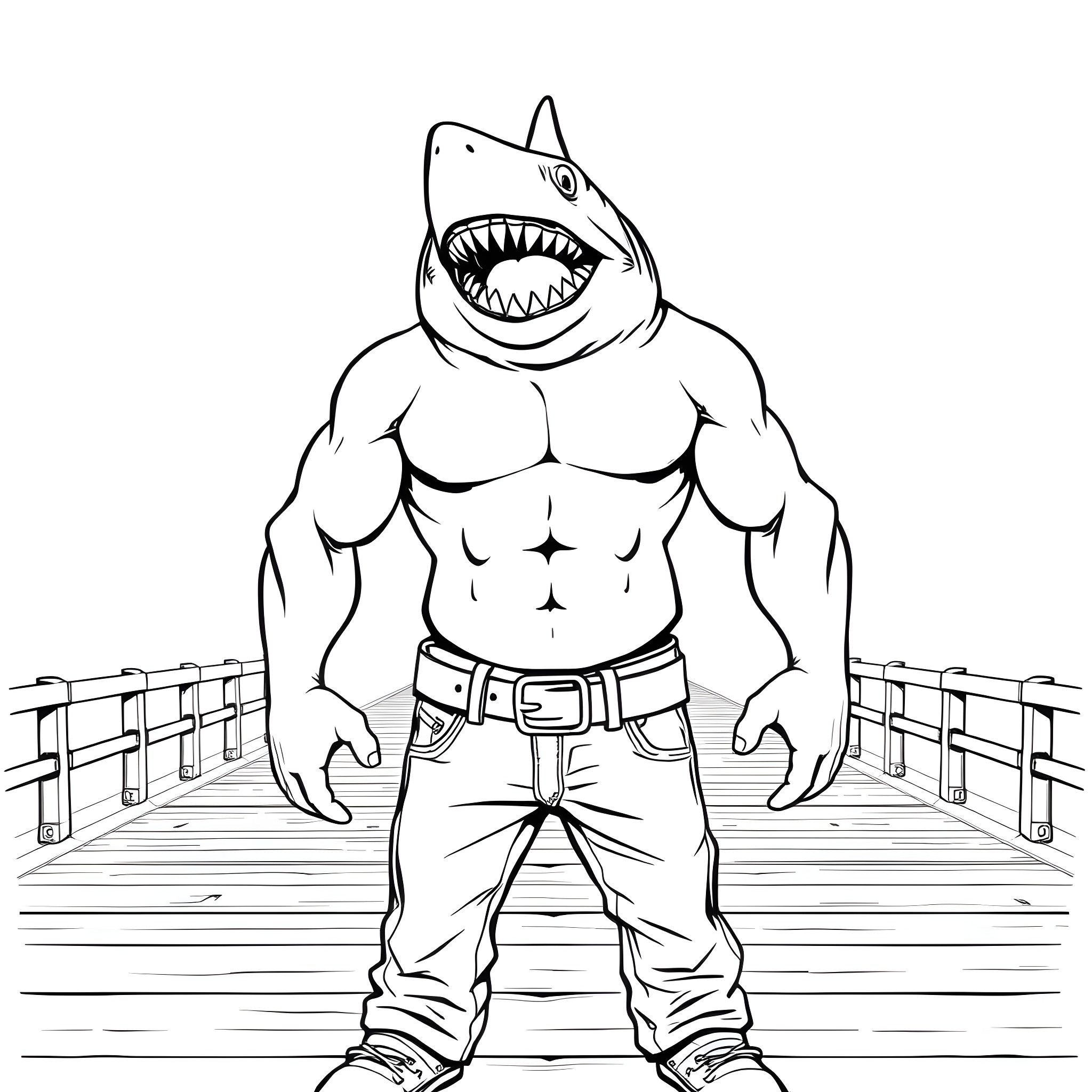Shark-headed muscular man standing on a pier Coloring Page (free black-and-white line drawing printable PDF for all, from beginners to advanced learners, including children, teens, adults, and seniors)