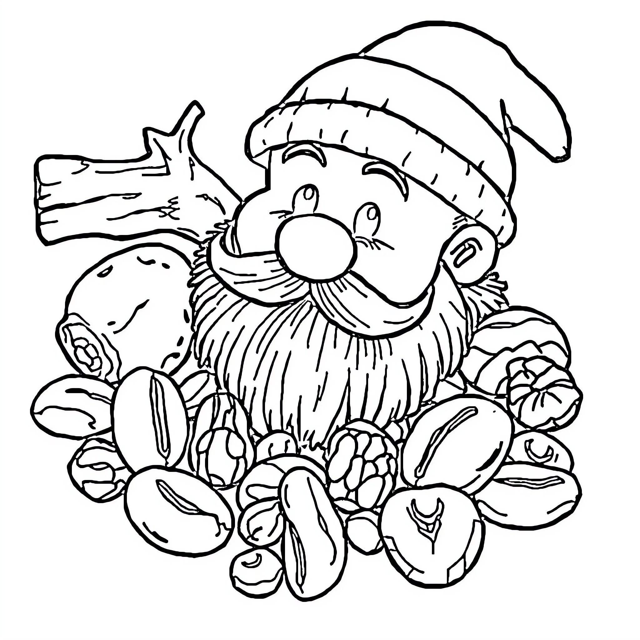 Snack time with a jolly gnome Coloring Page (free black-and-white line drawing printable PDF for all, from beginners to advanced learners, including children, teens, adults, and seniors)