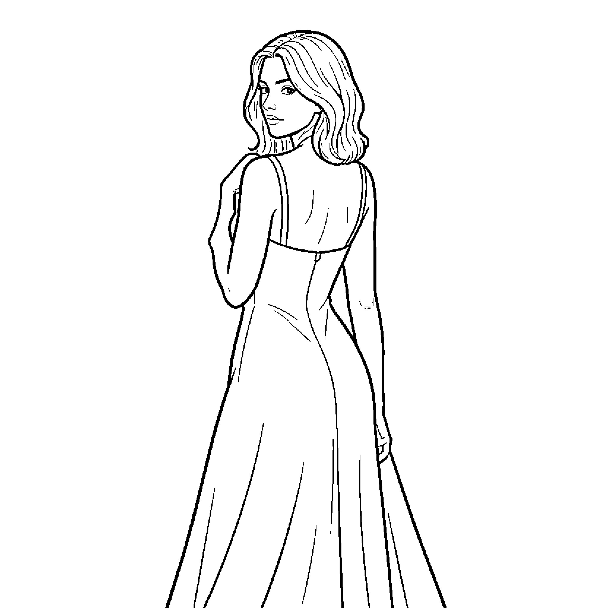 Natalie Portman in pensive pose in long dress Coloring Page (free black-and-white line drawing printable PDF for all, from beginners to advanced learners, including children, teens, adults, and seniors)